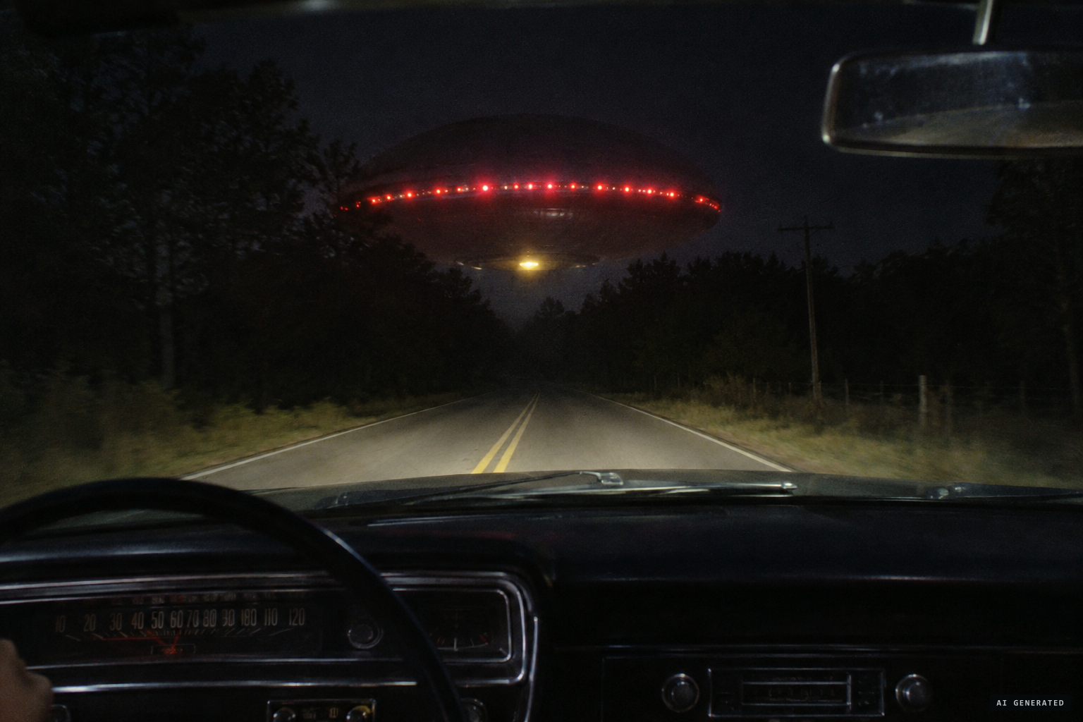 A huge domed disc, ringed with red lights, hovers at treetop level ahead of the car