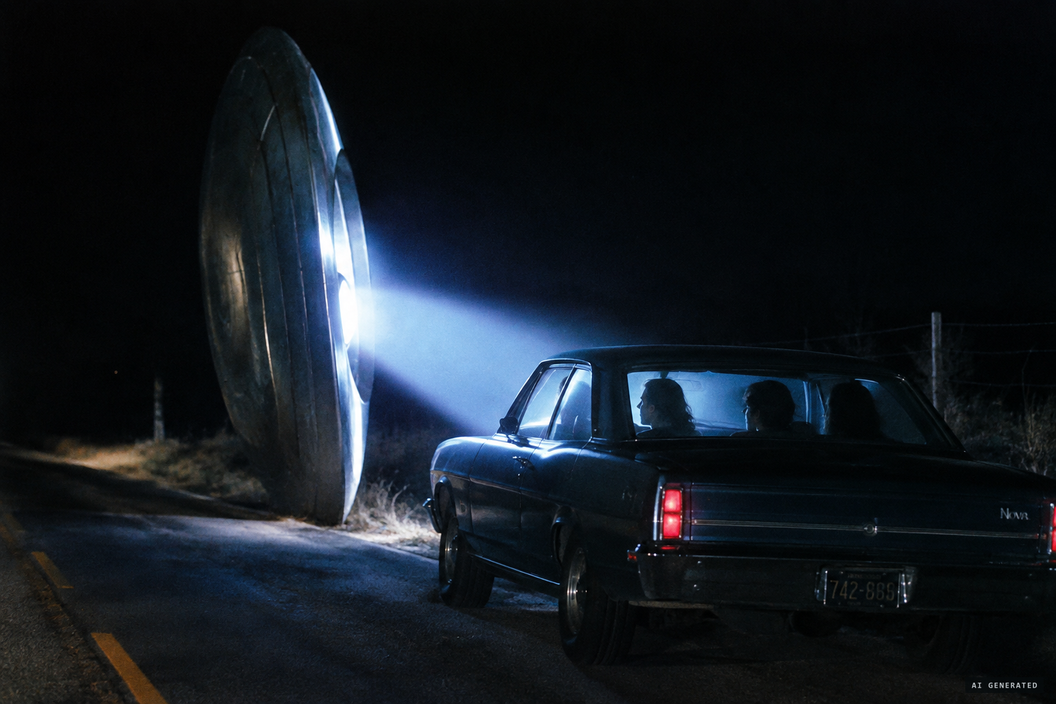 The object flips on its end beside the driver's side and a bluish-white light floods the car