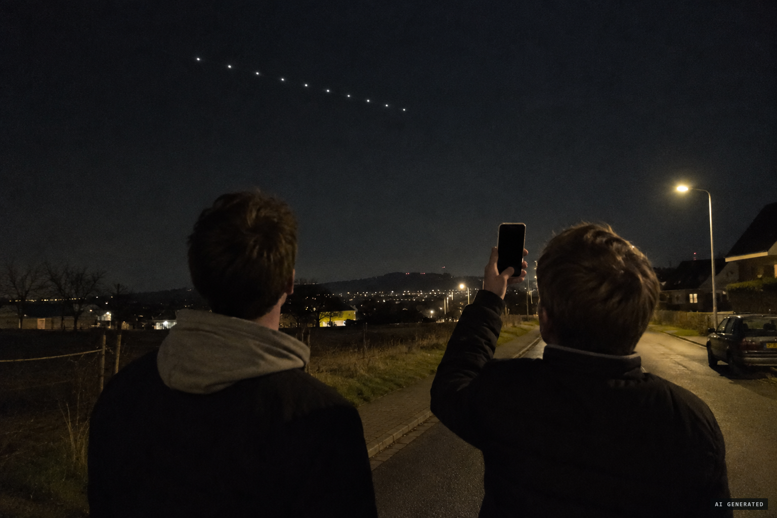 In Landgraaf, two friends watch ten lights move like a train through the sky