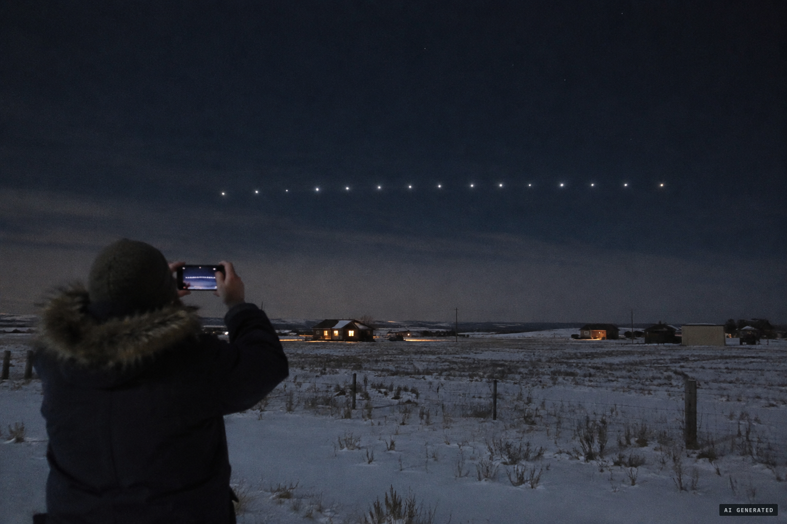 On Christmas evening, people in northern Montana photograph a row of bright lights