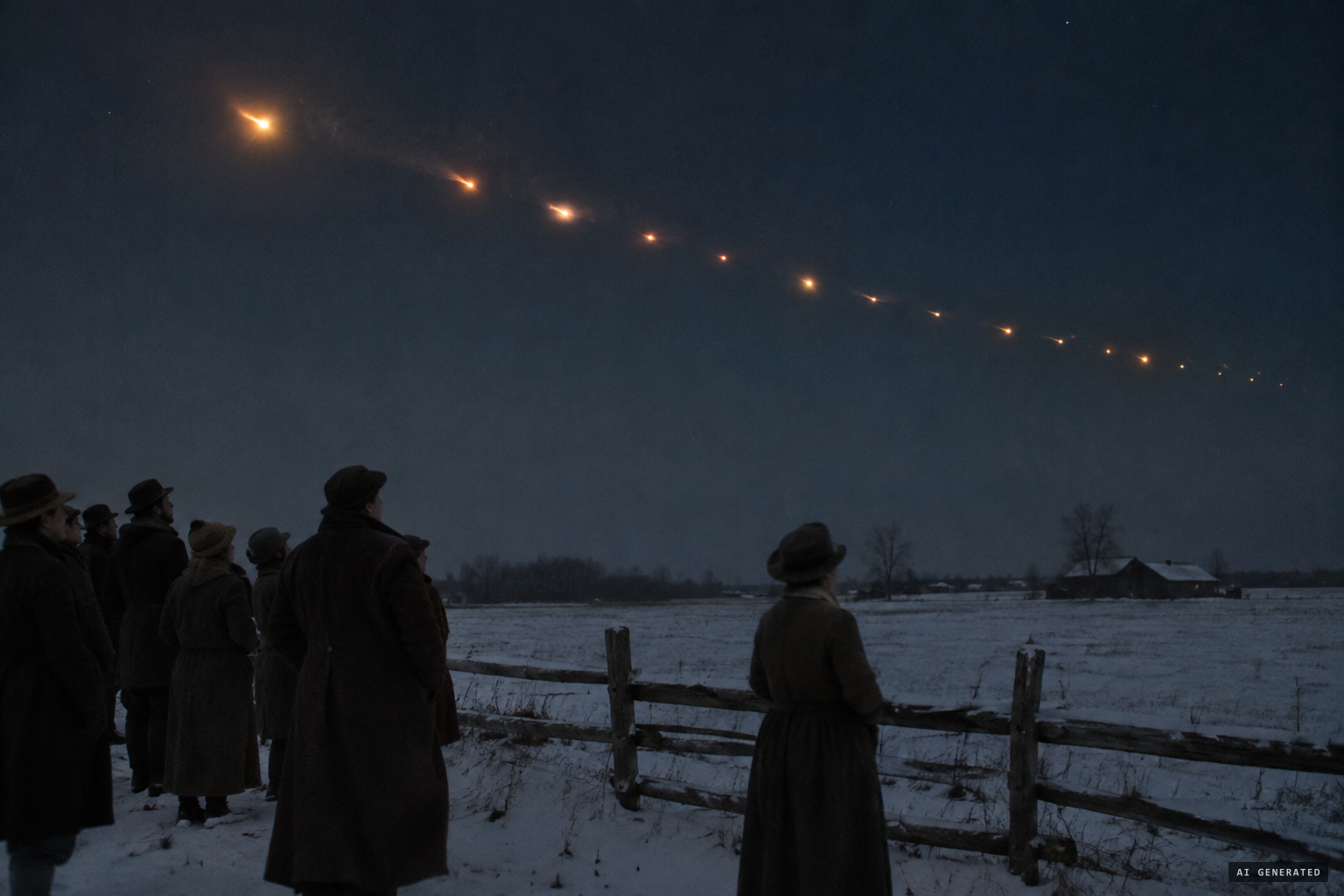The 1913 Great Meteor Procession, another train of lights at constant speed