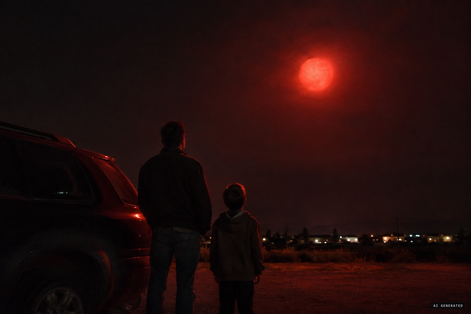 Constable Lee Roy Gaitan and his son watch a large, round red glowing object