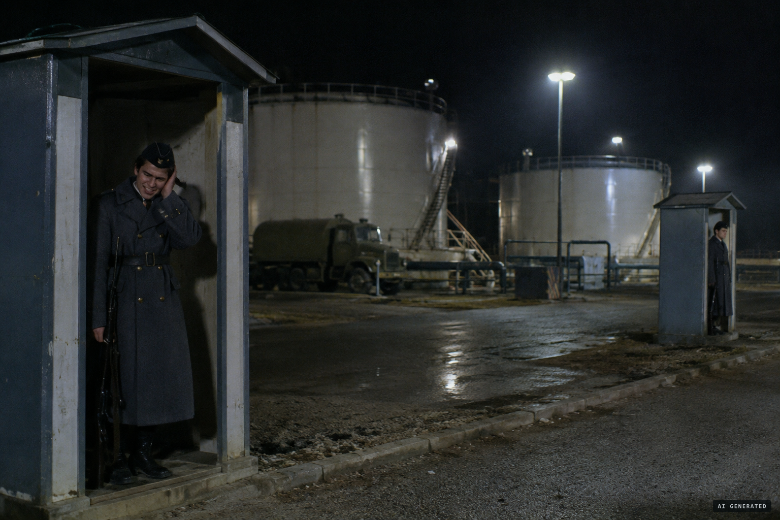 Two sentries at the fuel depot hear a piercing, high-pitched whistle