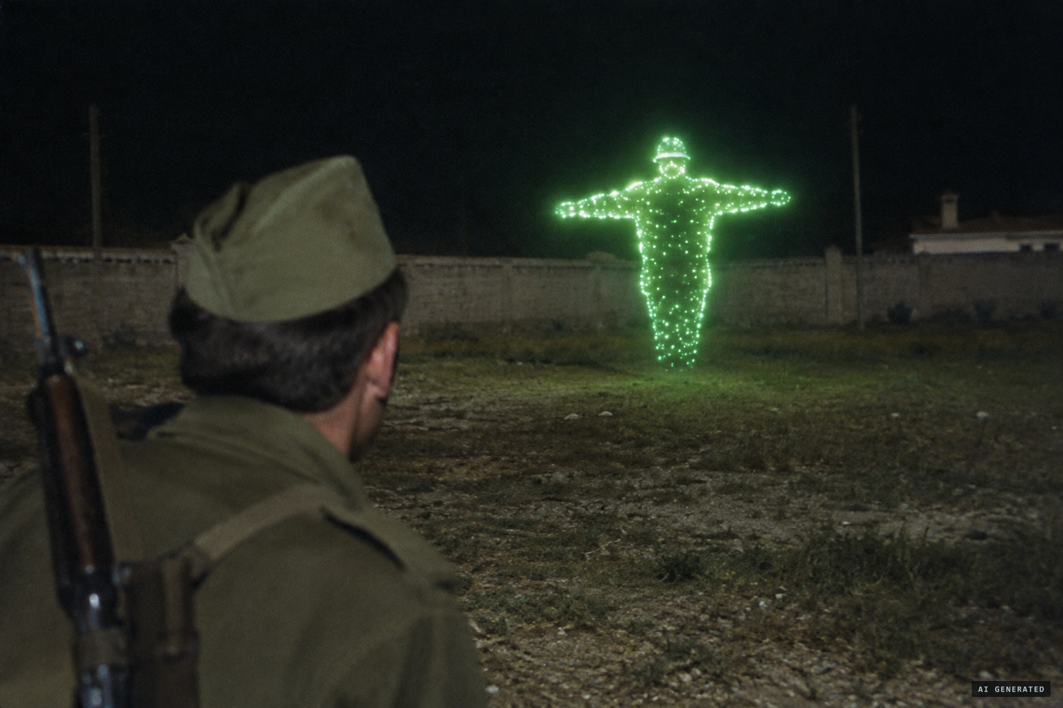 The luminous green figure, about three metres tall, with its arms held out in a cross