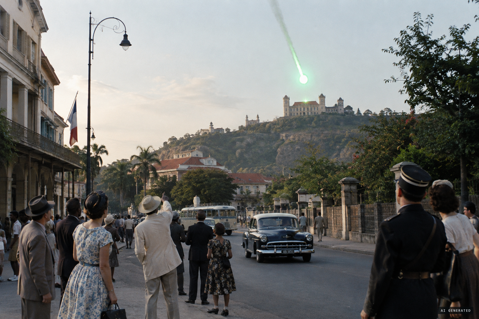 A brilliant green ball falls almost vertically and seems to graze the Queen's Palace