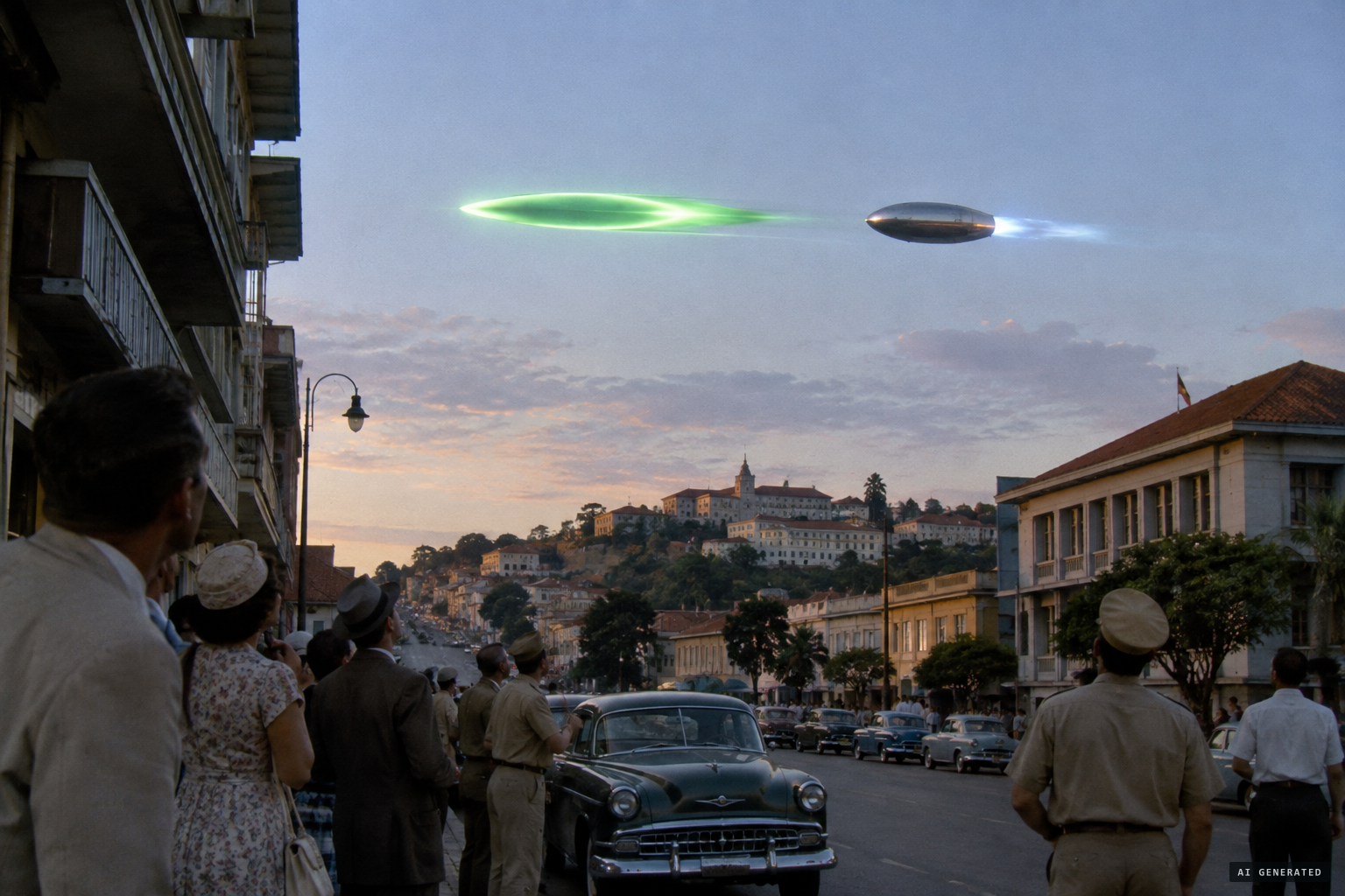 Back again and flying low: the green lens followed by a silvery metallic body