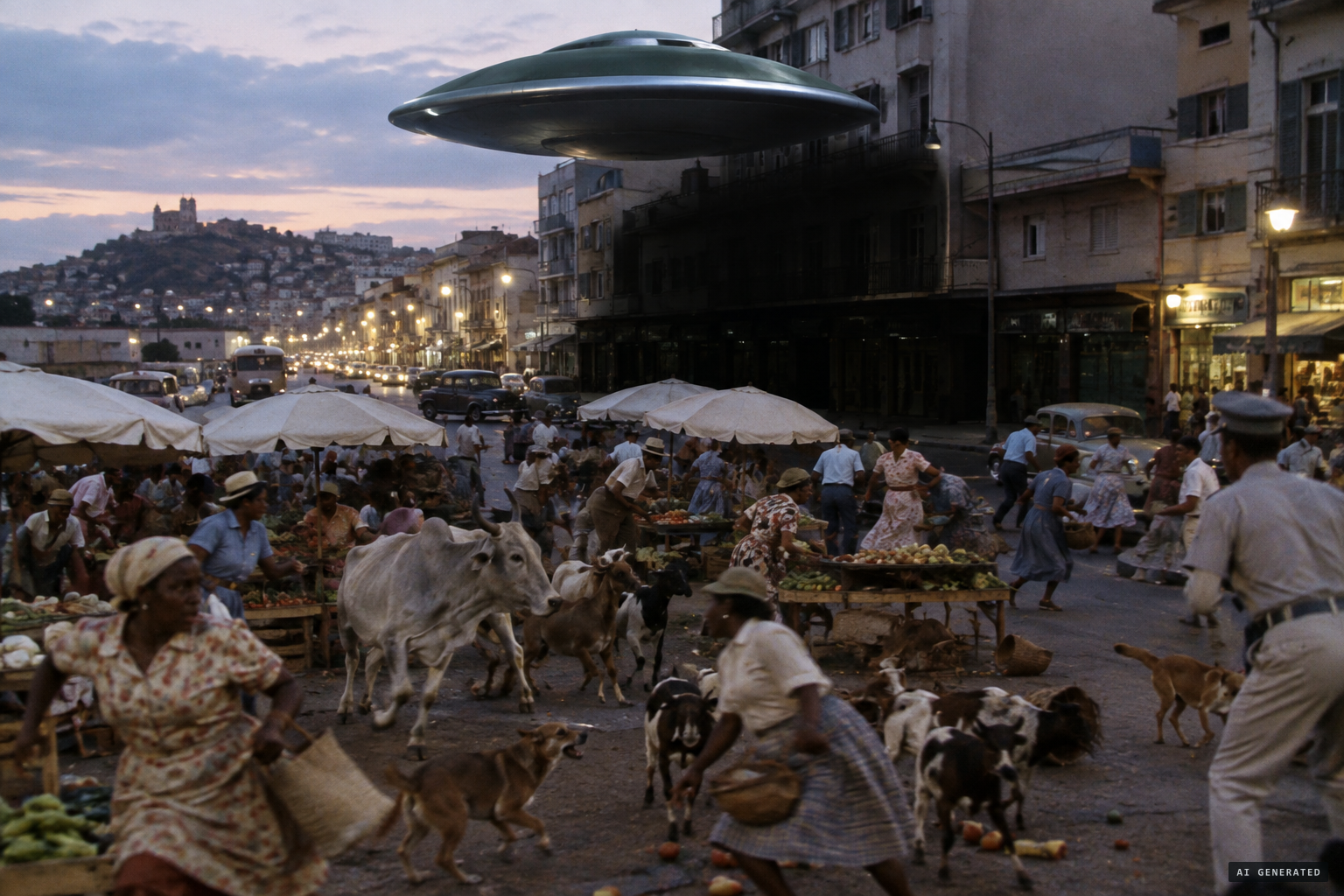 Lights die out beneath the silent craft as animals panic in the market