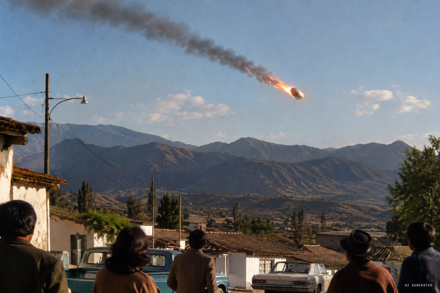 An incandescent metallic oval with a flaming tail crosses the sky at enormous speed