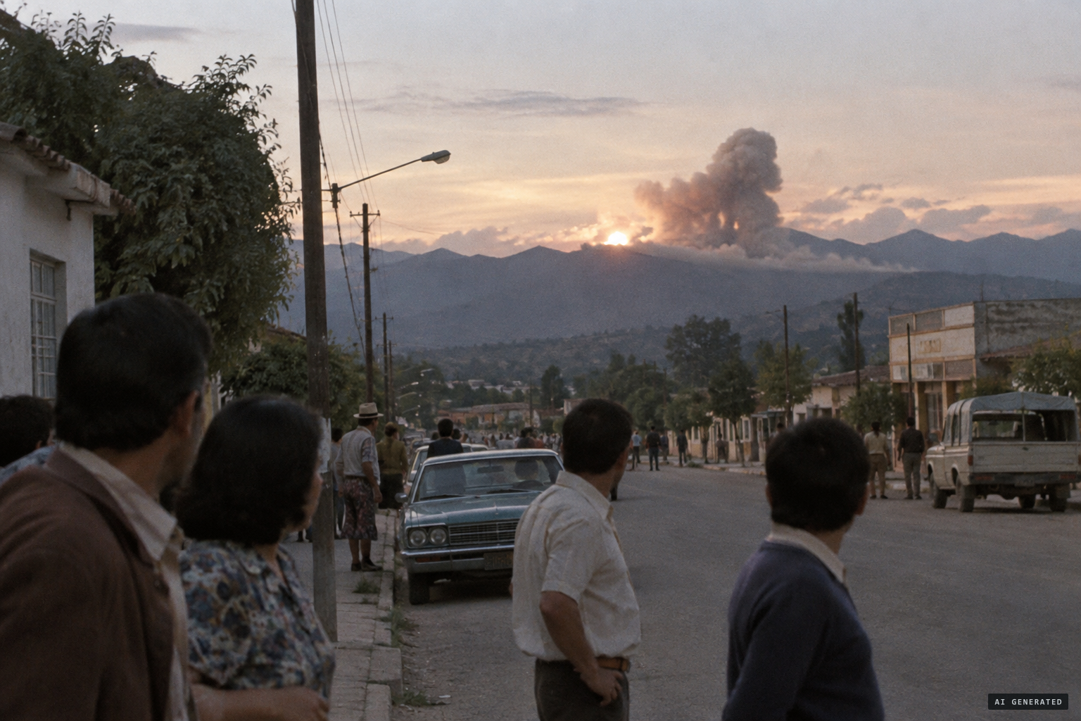 The object drops behind the mountains, followed by a tremendous explosion