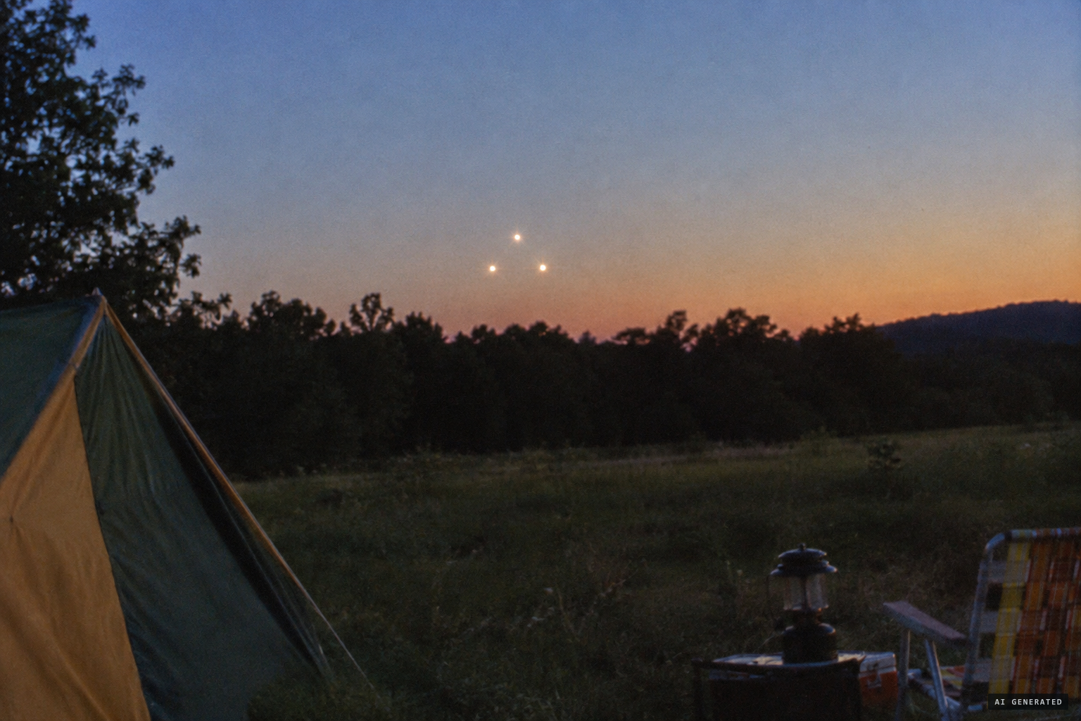 Three bright lights form a triangle low on the horizon