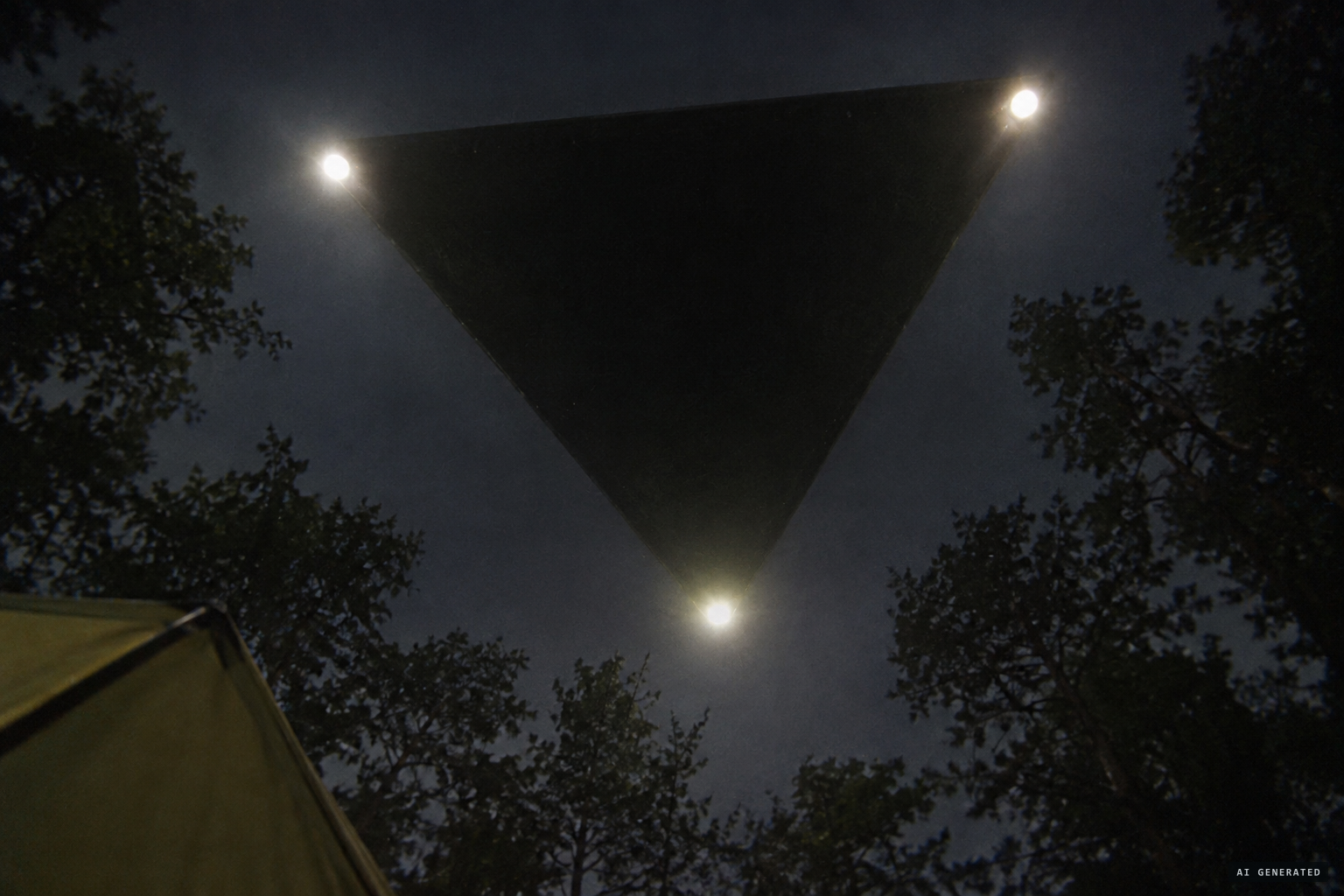 A huge black triangular prism hovers directly over the campsite