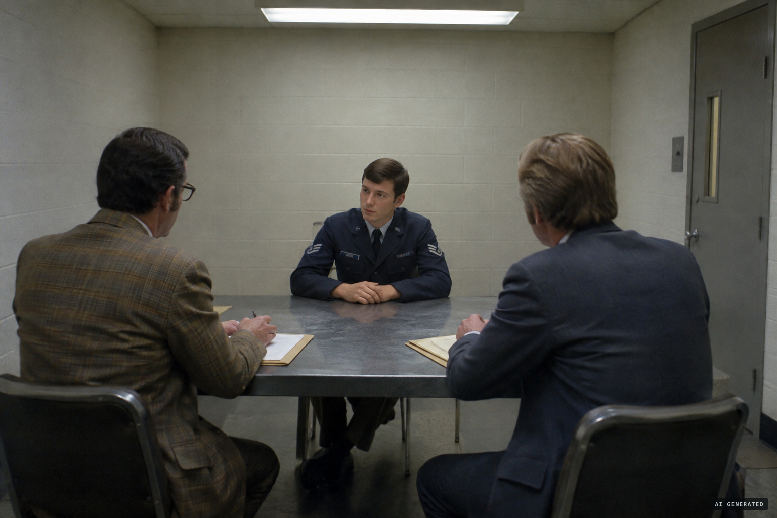 Air Force OSI agents question the men and order silence
