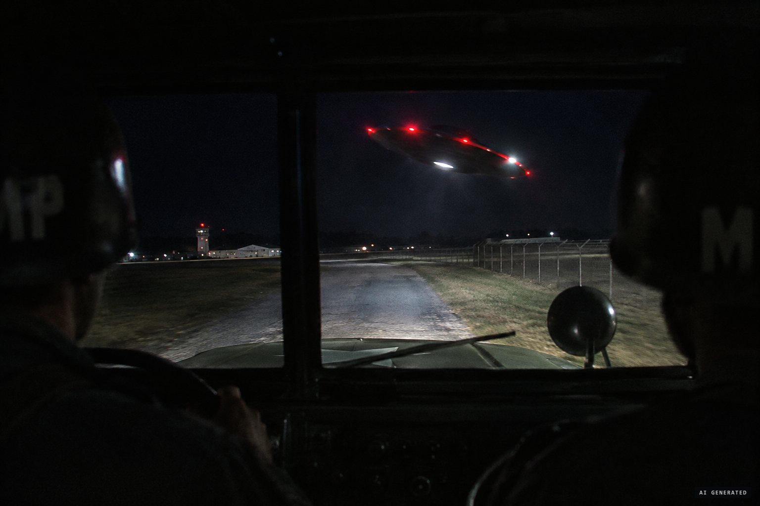 A saucer-shaped object dives at the MP patrol vehicle at Hunter Army Airfield