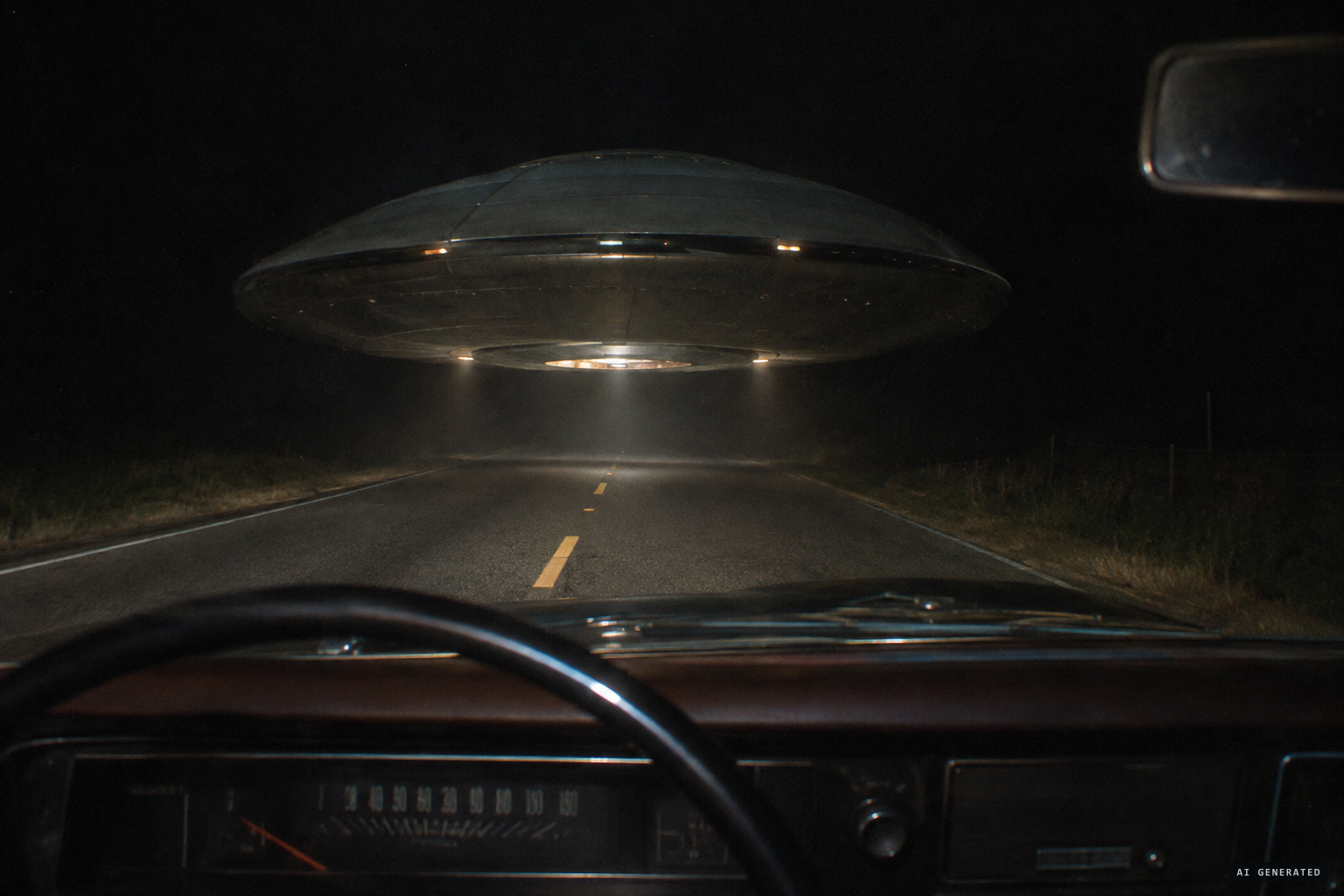 A 50-foot dome-shaped UFO hovers over Highway 82 near Eupora