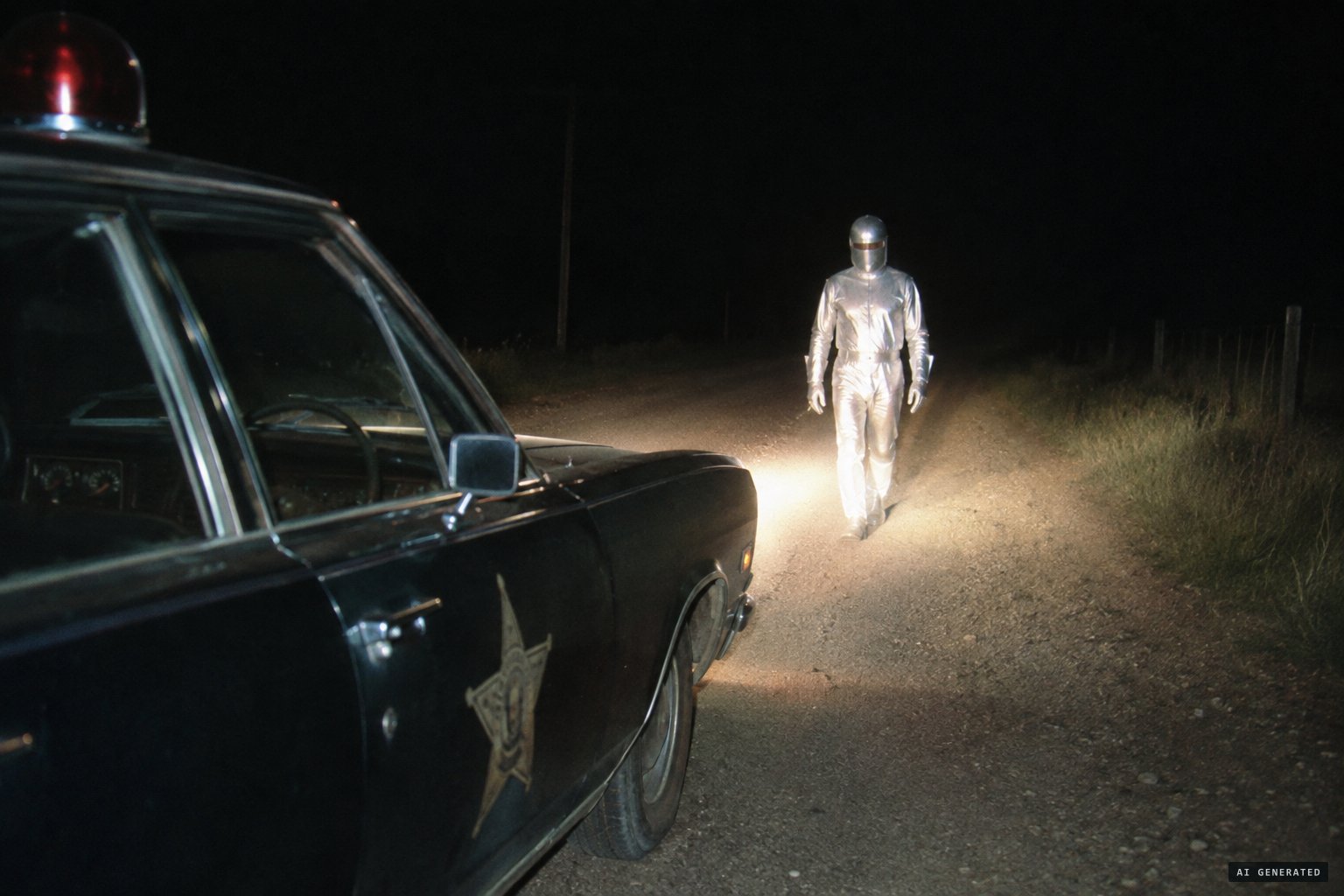 The silvery-suited figure moves like a robot toward Greenhaw's car
