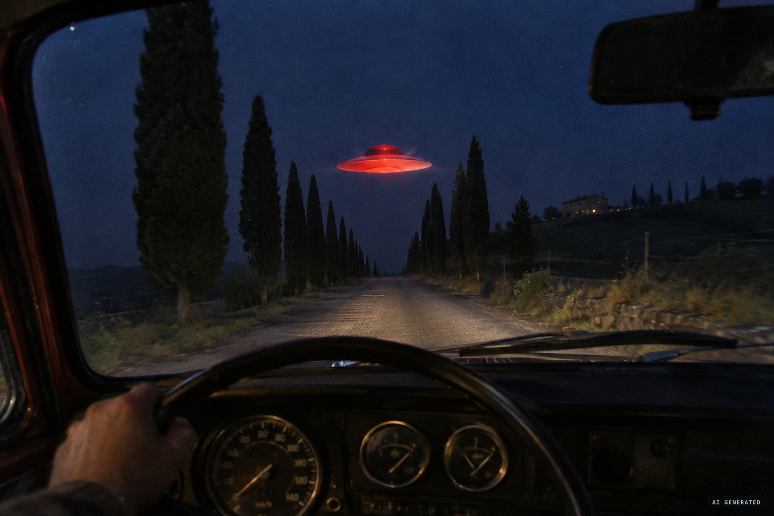 A red hat-like domed disc above the road in Tuscany