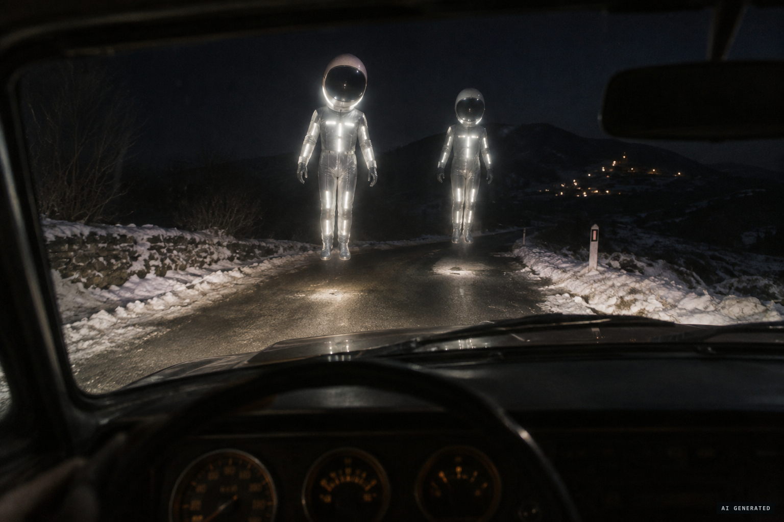 Luminous humanoids rise beside Marinelli's stalled car