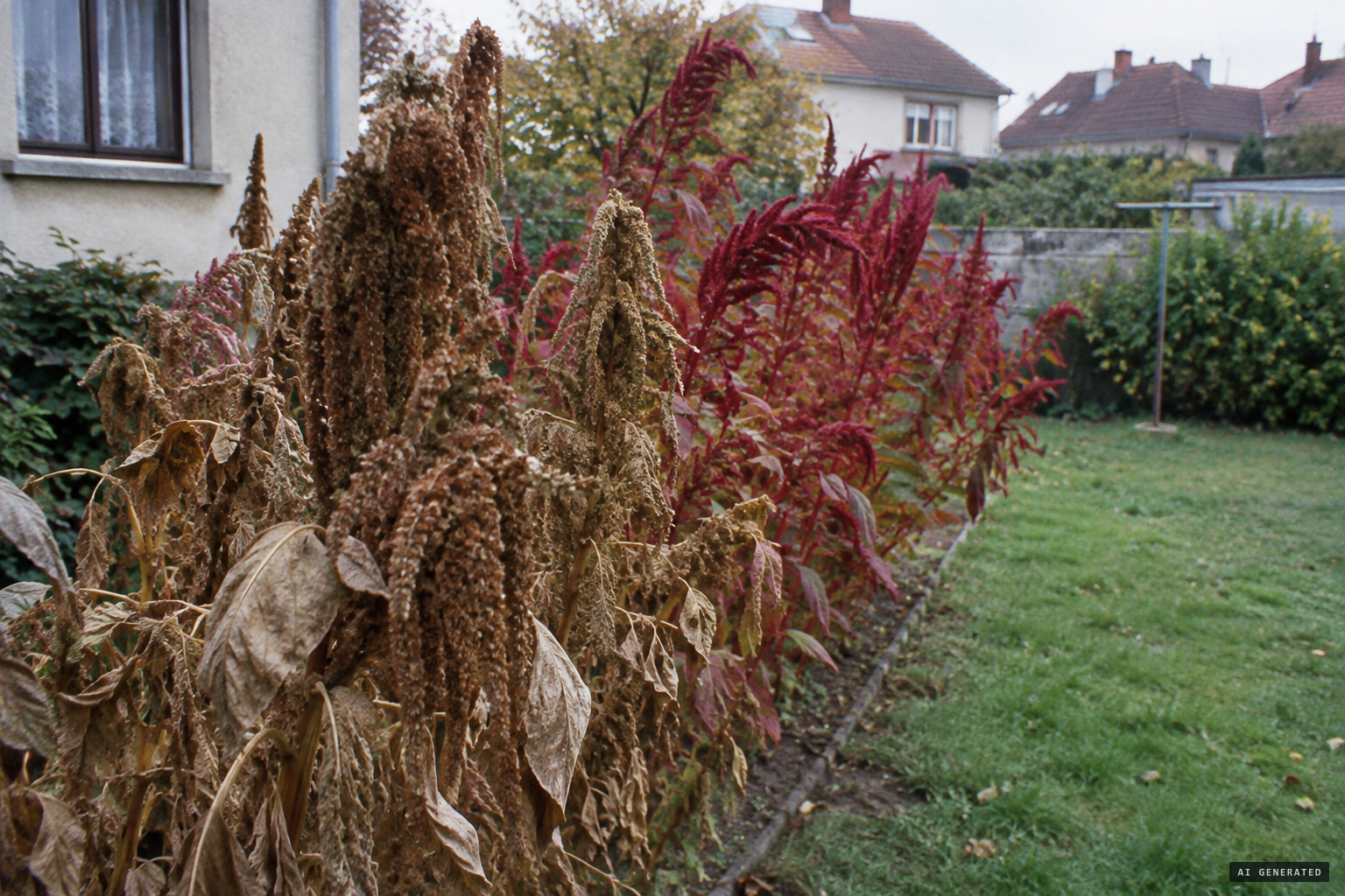 The nearest amaranths dried and turned brown while those further away stayed red