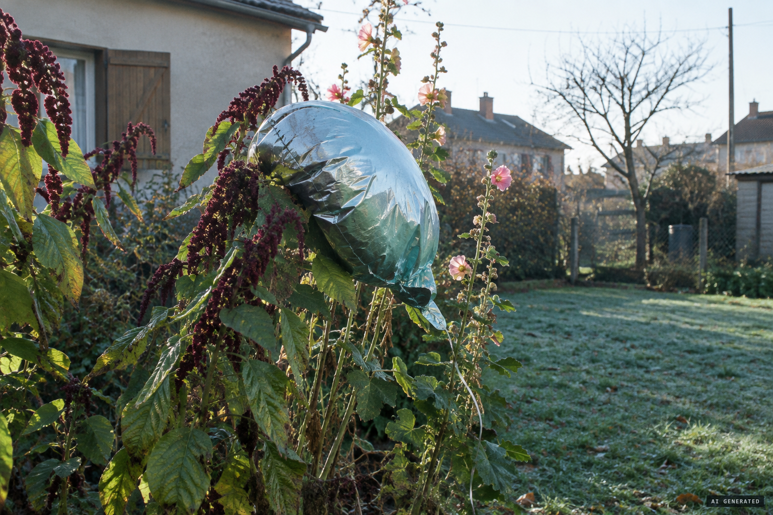 The sceptical explanation: a partly deflated mylar balloon resting on tall stems