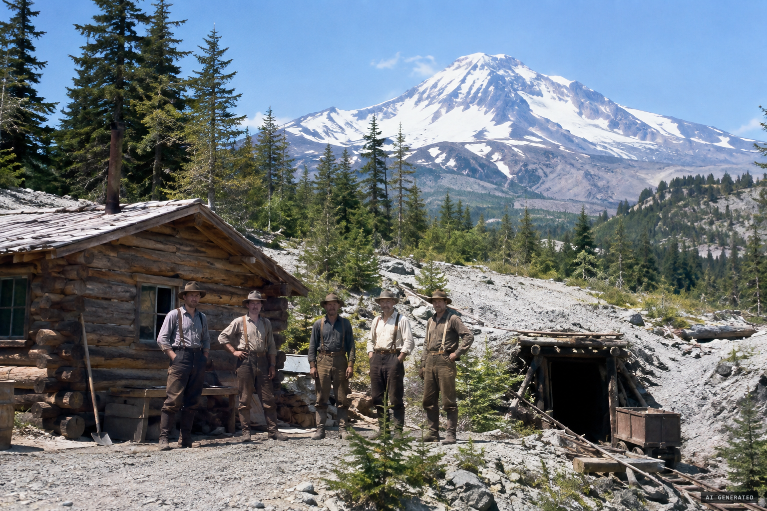 The five miners at their log cabin by the Vander White mine, near Spirit Lake