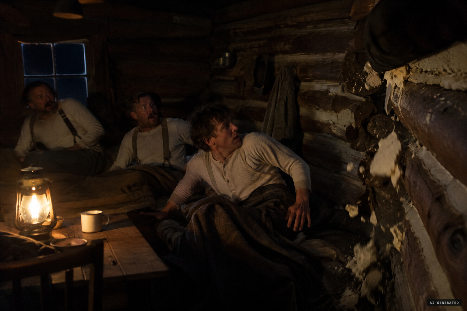 A tremendous thud against the cabin wall knocks chinking loose