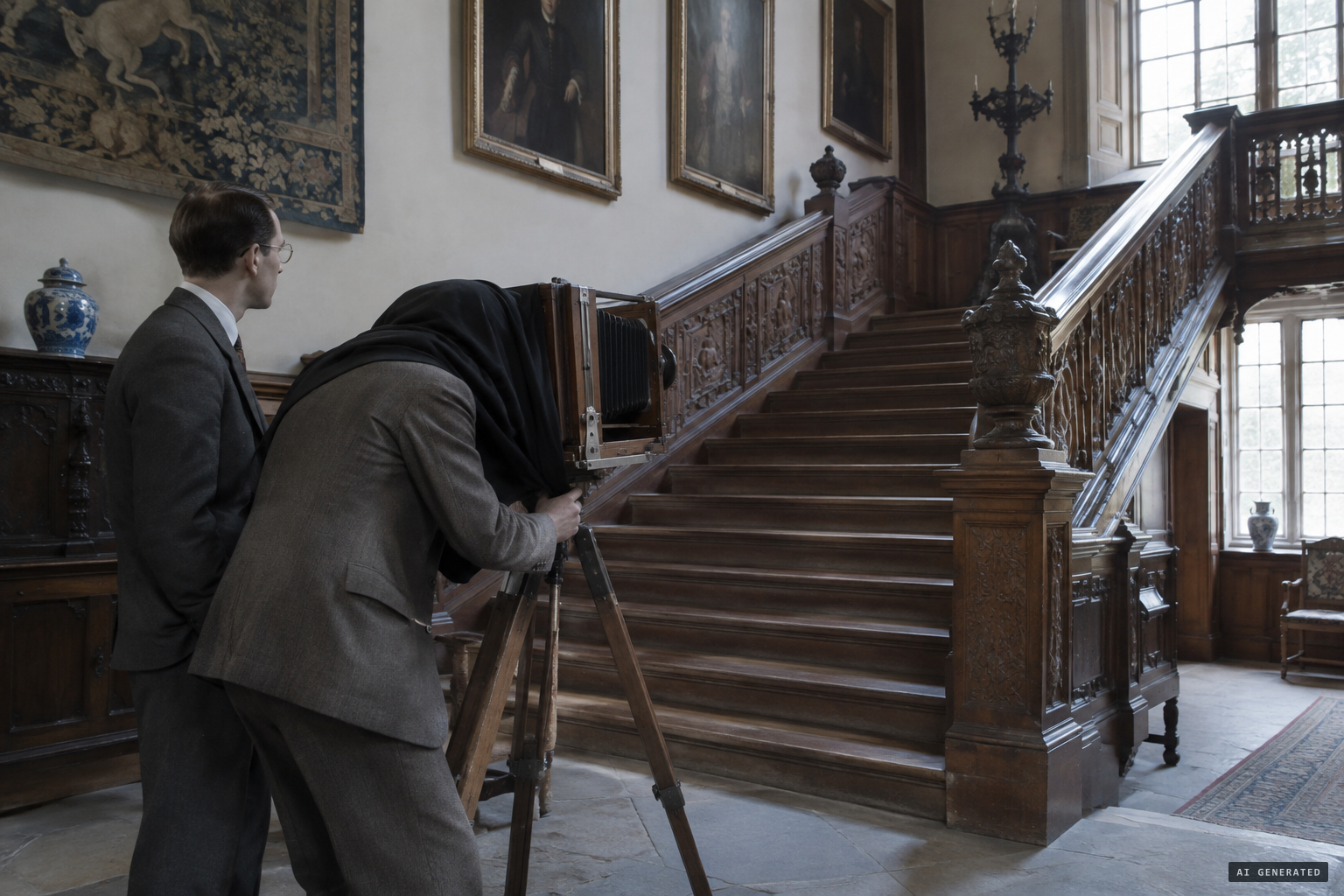 Provand and Shira photograph the staircase for Country Life, 19 September 1936