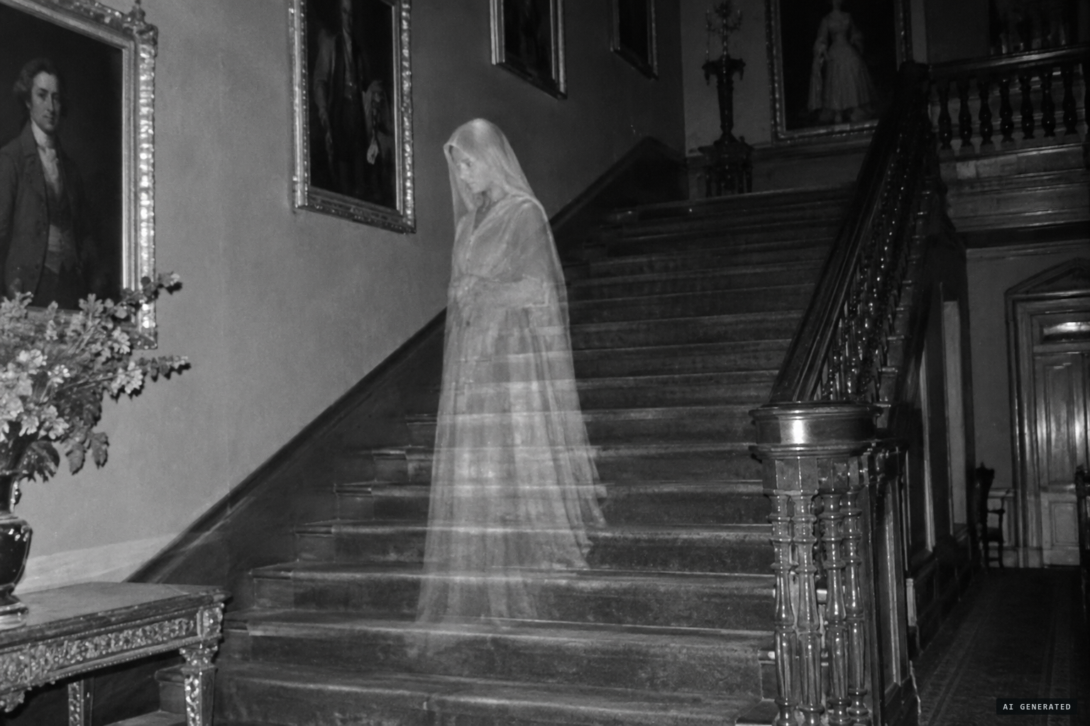 A veiled woman on a staircase, caught in a single flash