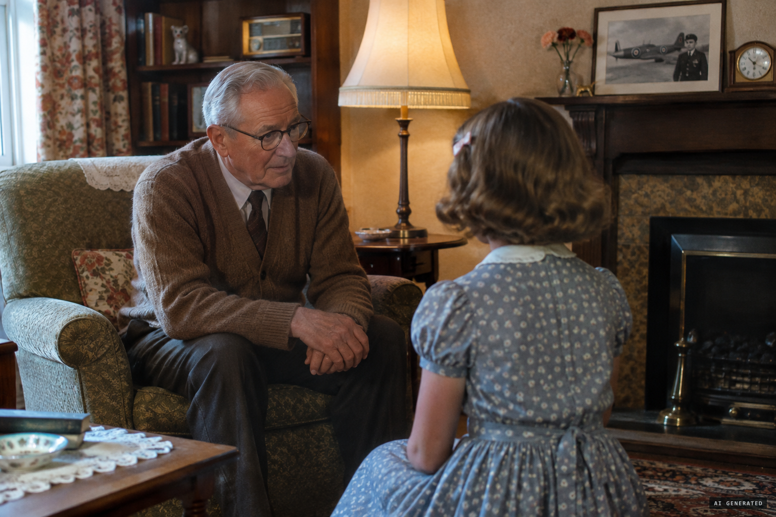 The grandfather tells his story to his nine-year-old daughter