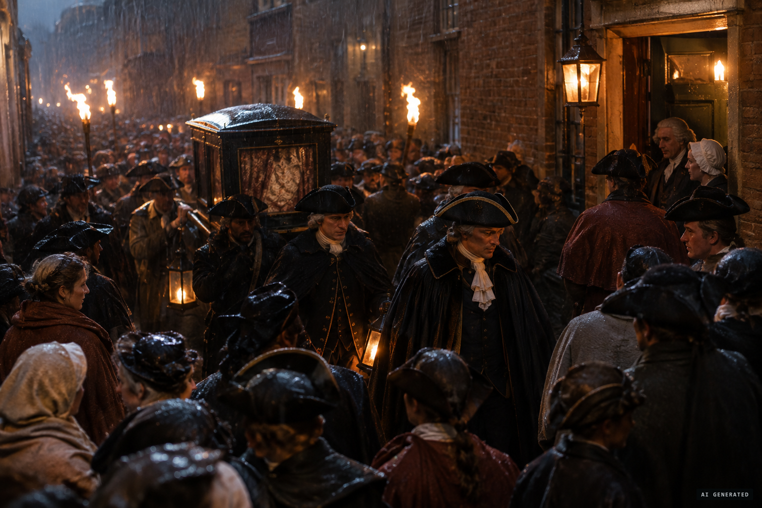 Horace Walpole and the Duke of York arrive in pouring rain to find the lane full of mob