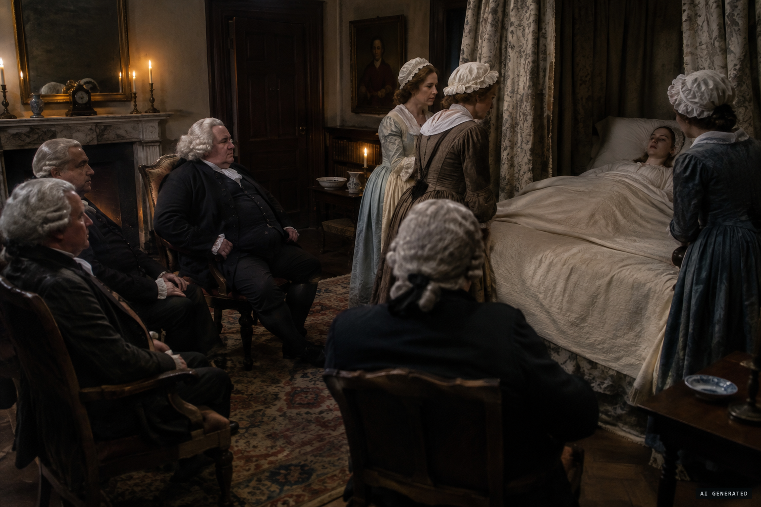 The committee, Samuel Johnson among them, keeps watch over Elizabeth in Aldrich's house