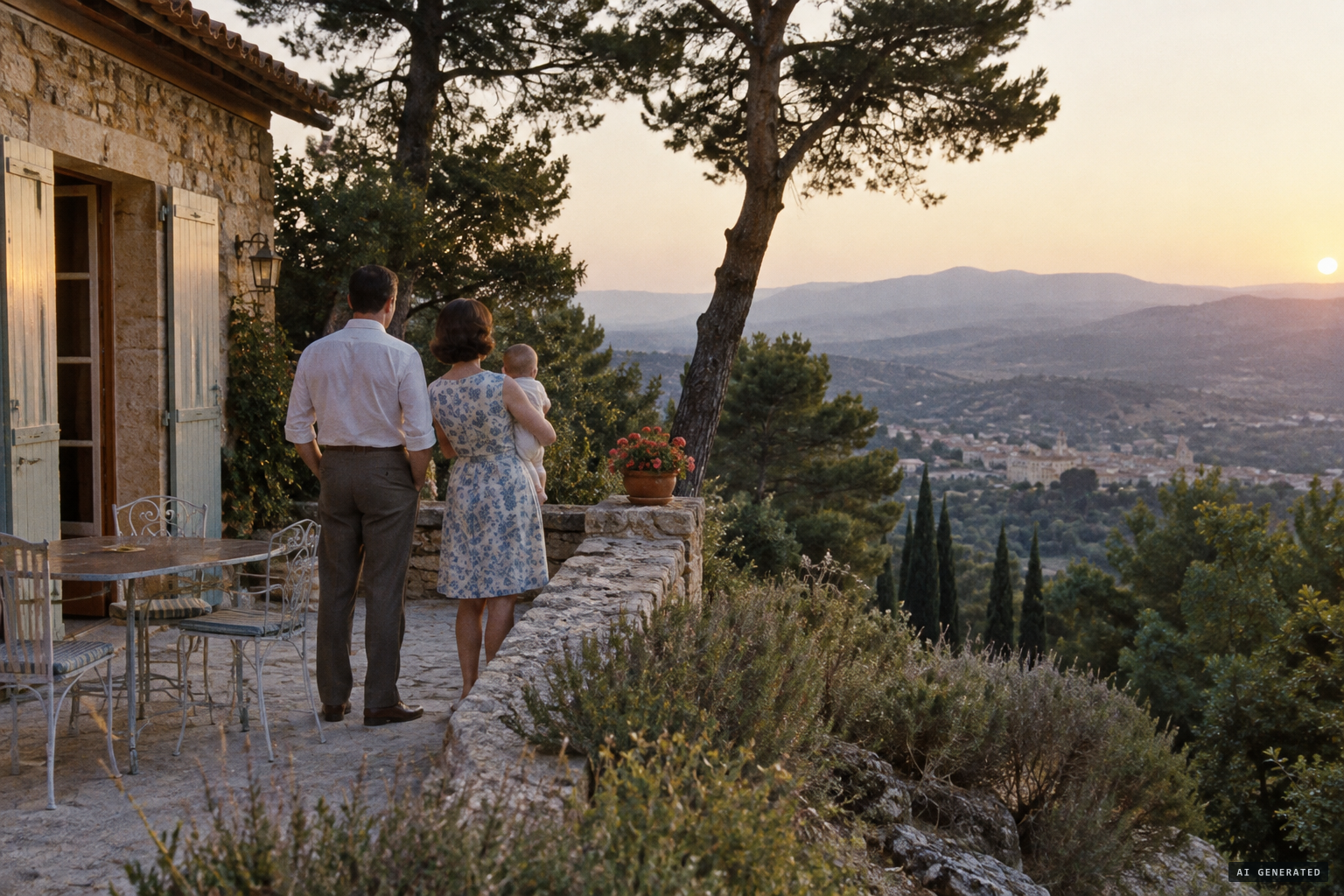 The doctor's hillside home in southern France, with his wife and infant son