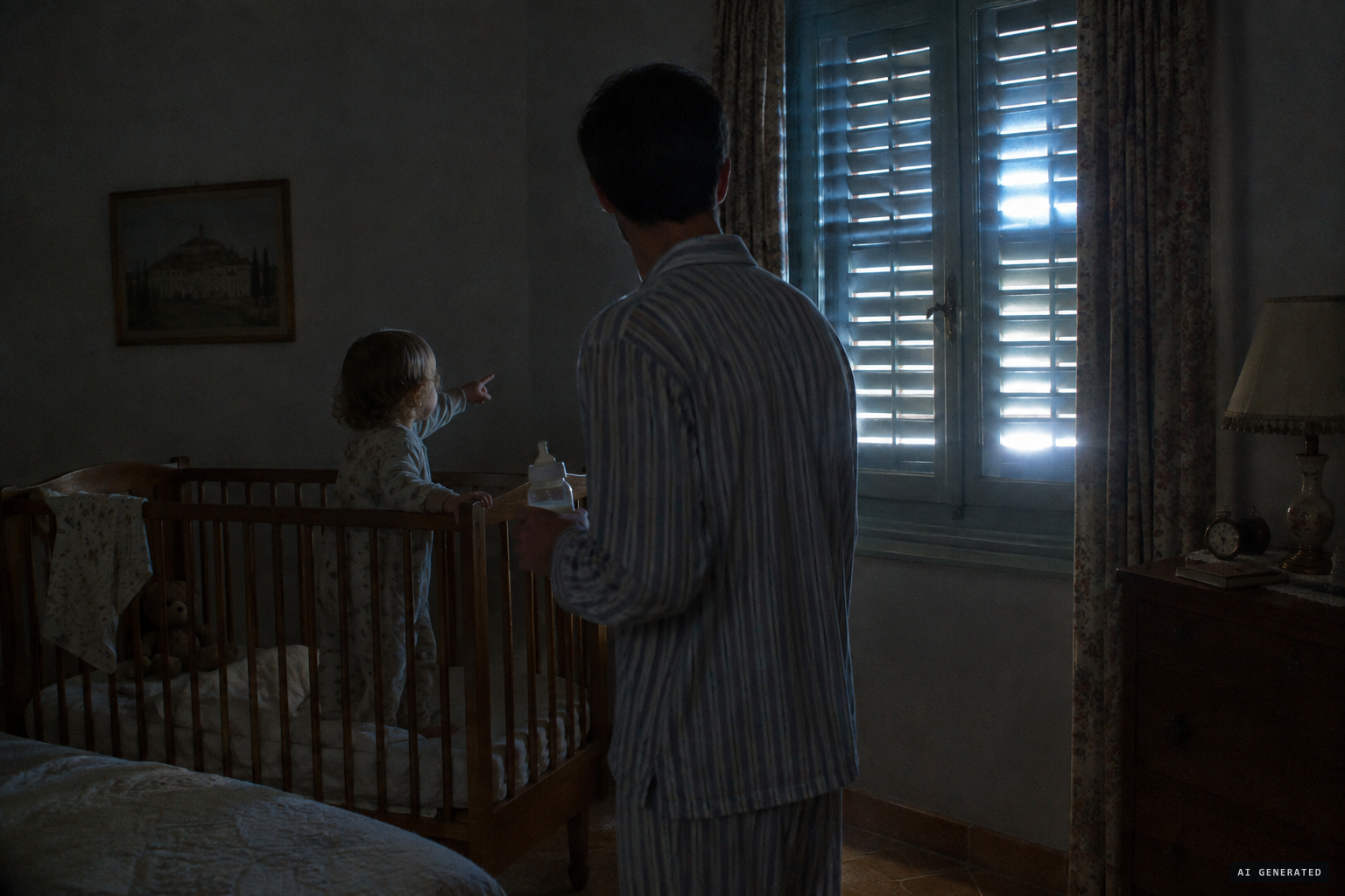 Before 4 a.m. the boy wakes his father, pointing at flashes through the shutters