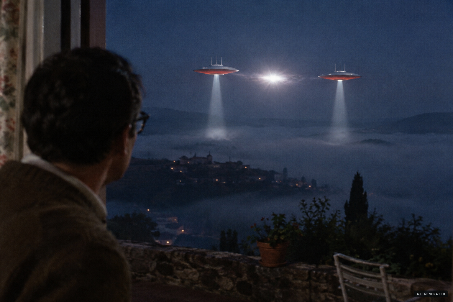 Two red-and-silver discs with antennae shine white beams down into the fog