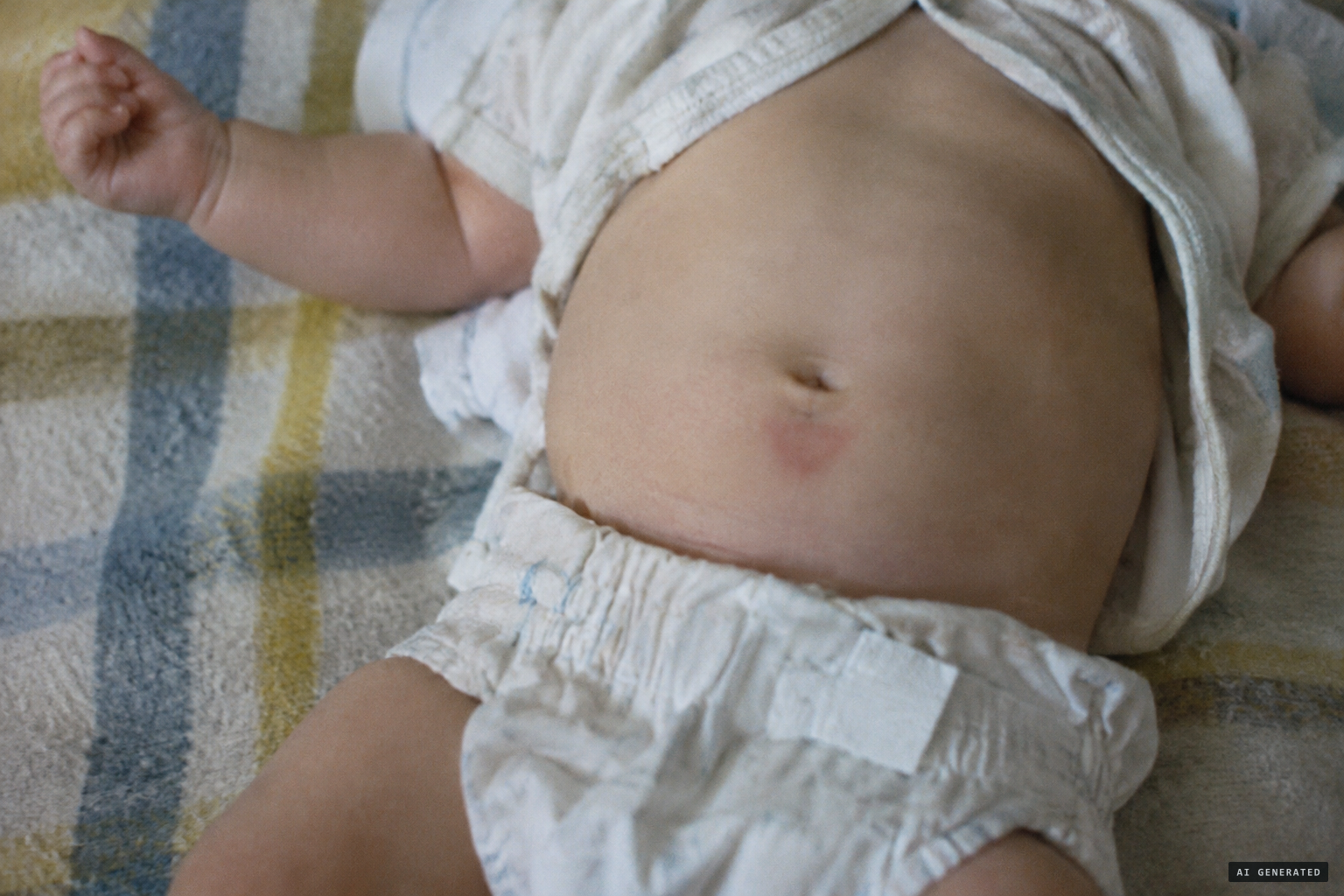 A reddish triangle appears around the navel, first on the father and then on the infant