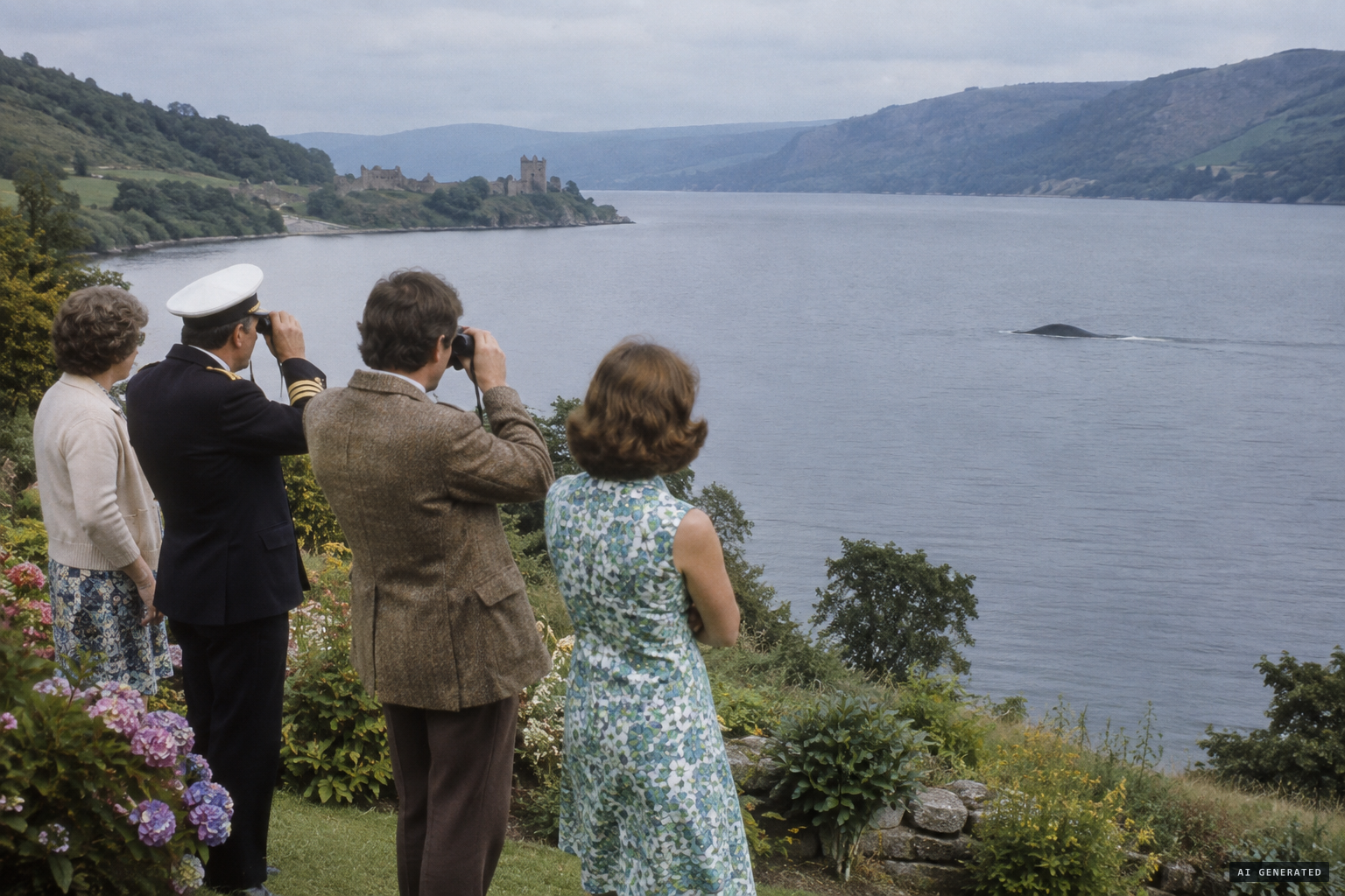 From the Carys' hillside home, Rines and his wife watch a dark hump cross Urquhart Bay.