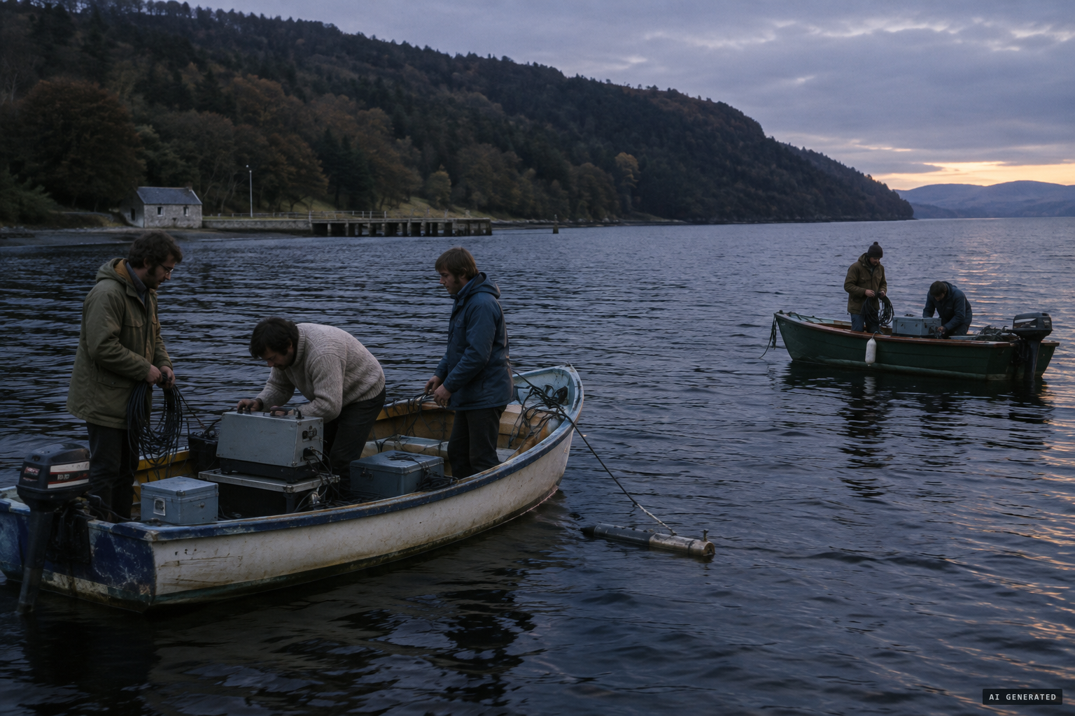 August 1972: the Academy's two boats, Narwhal and Nan, set up in Urquhart Bay.