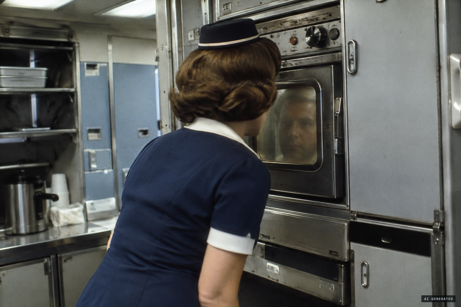 Faye Merryweather sees a man's face in the galley oven window