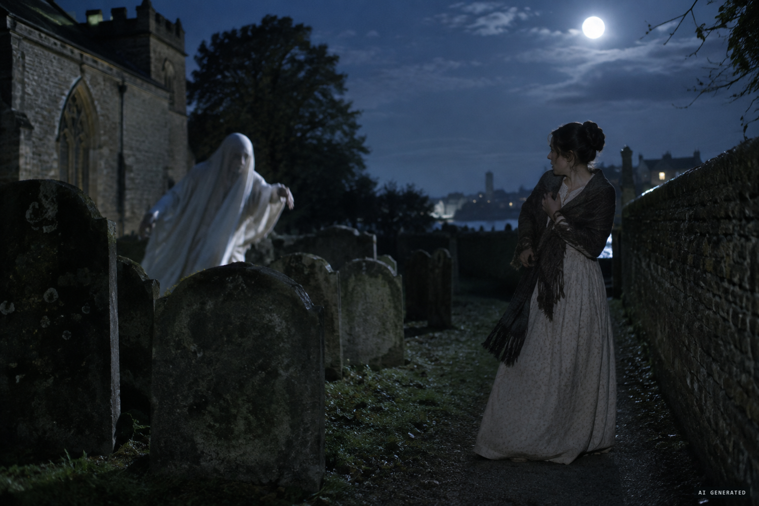 A woman sees the figure rise from the tombstones