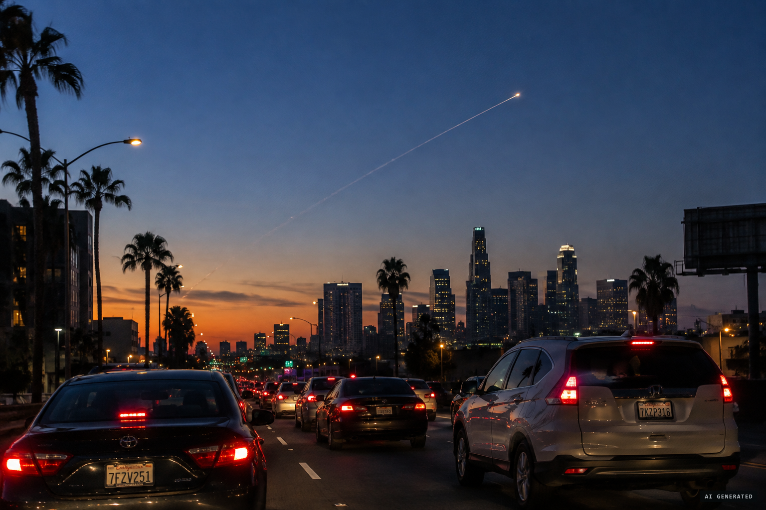 A bright object appears moving rapidly across the twilight sky
