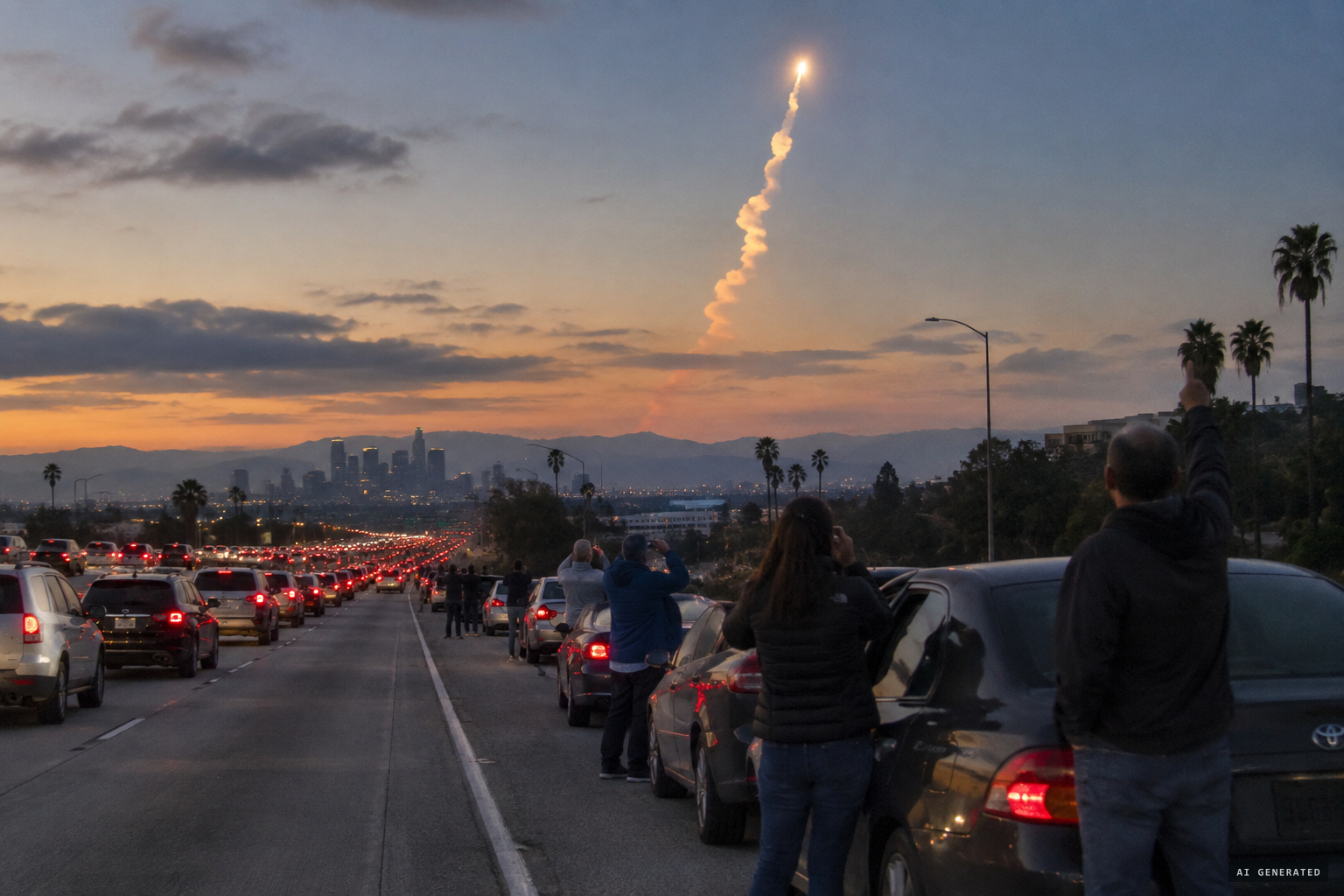 Cars pull over on the 405 Freeway as drivers watch the sky