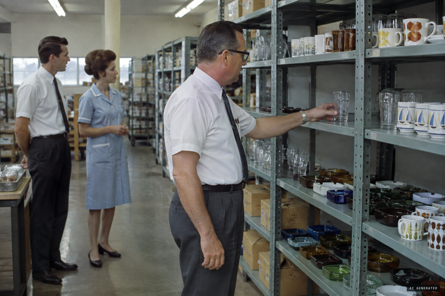 Laubheim shows the clerks how to set the glasses back from the shelf edge