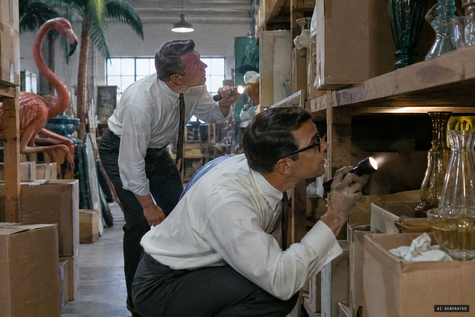 Roll and Pratt search the shelves for threads and rigging