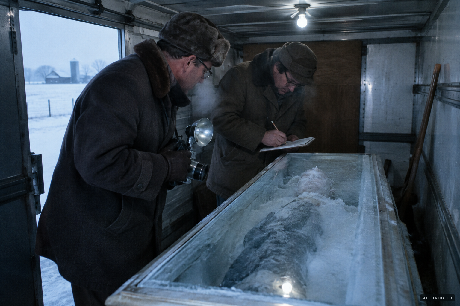 Sanderson and Heuvelmans photograph and sketch the body through the ice