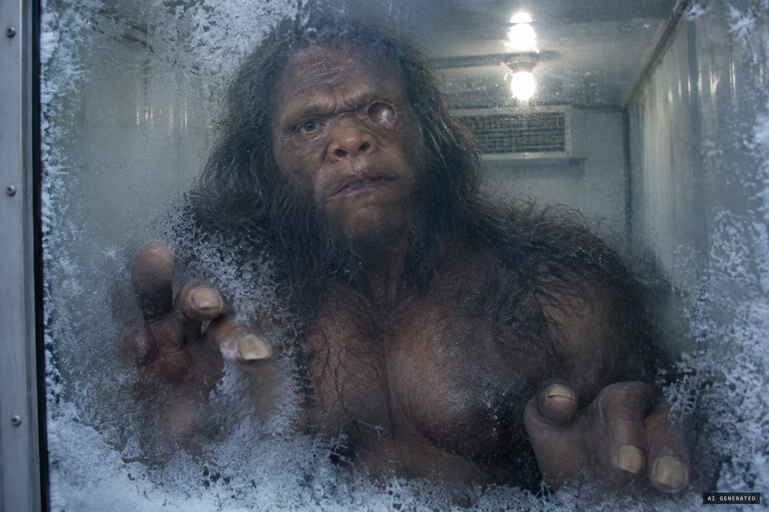 The frozen creature: hairy, barrel-chested, with a flattened face and huge hands