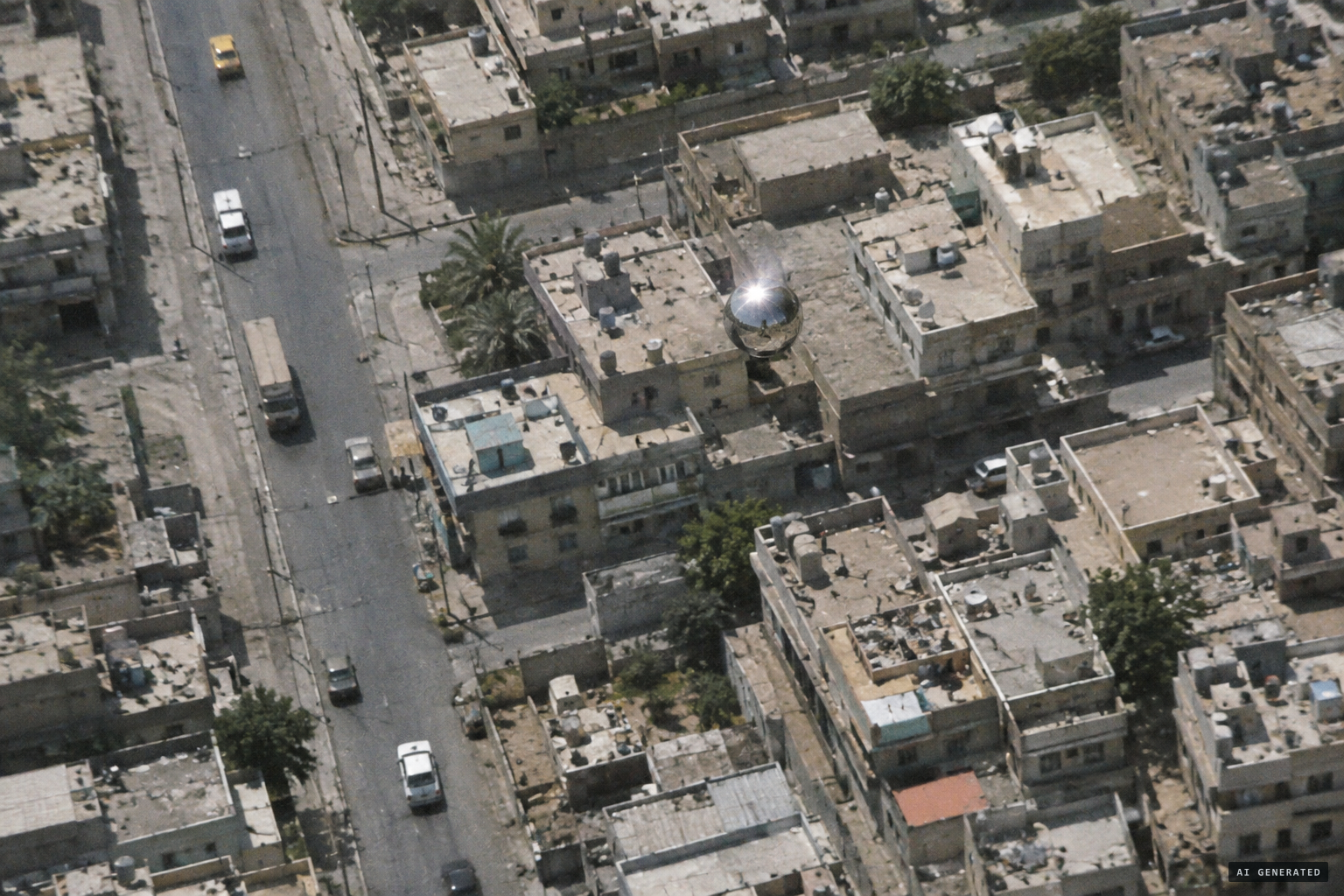 A round, metallic-looking sphere with a sunlight highlight appears above Mosul's rooftops