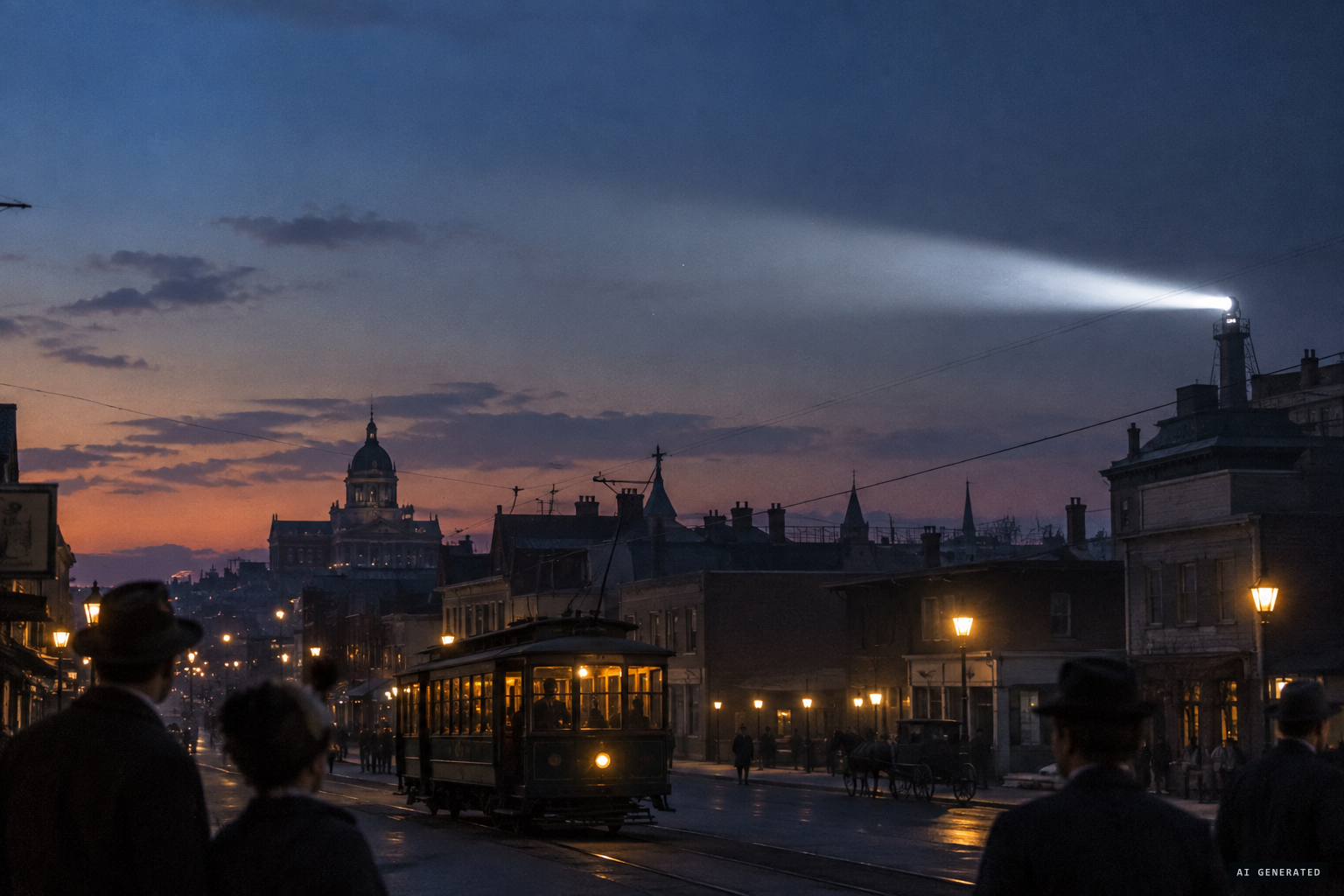 A brilliant light, twice the power of an arc light, sails over Sacramento's housetops.