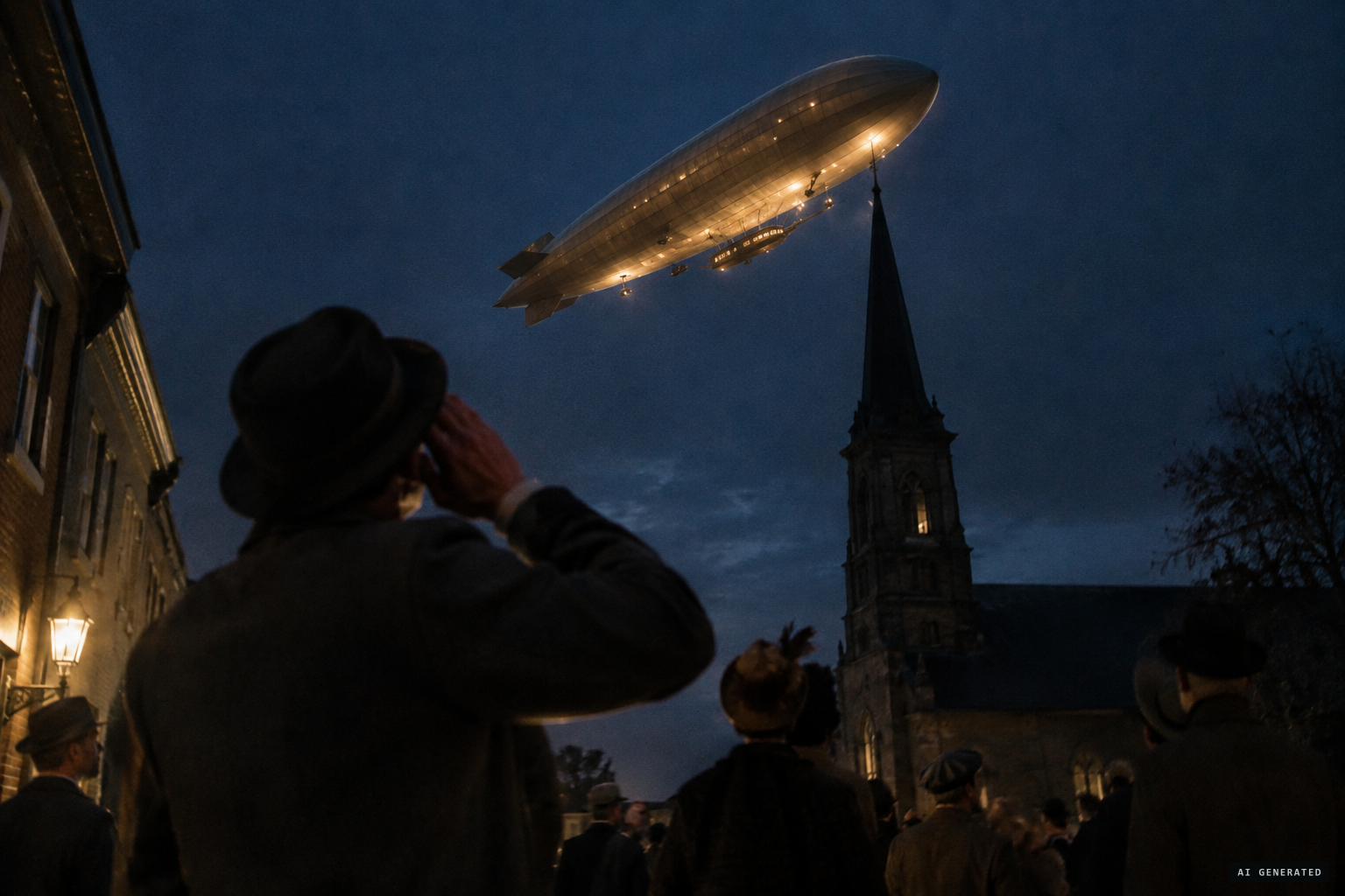 Voices call from above: 'Lift her up quick! You are making directly for that steeple!'