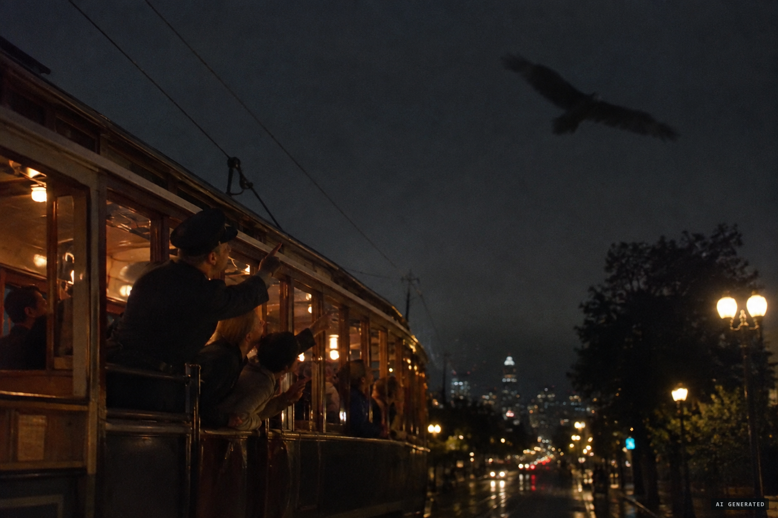 Oakland streetcar passengers see something resembling a huge bird.