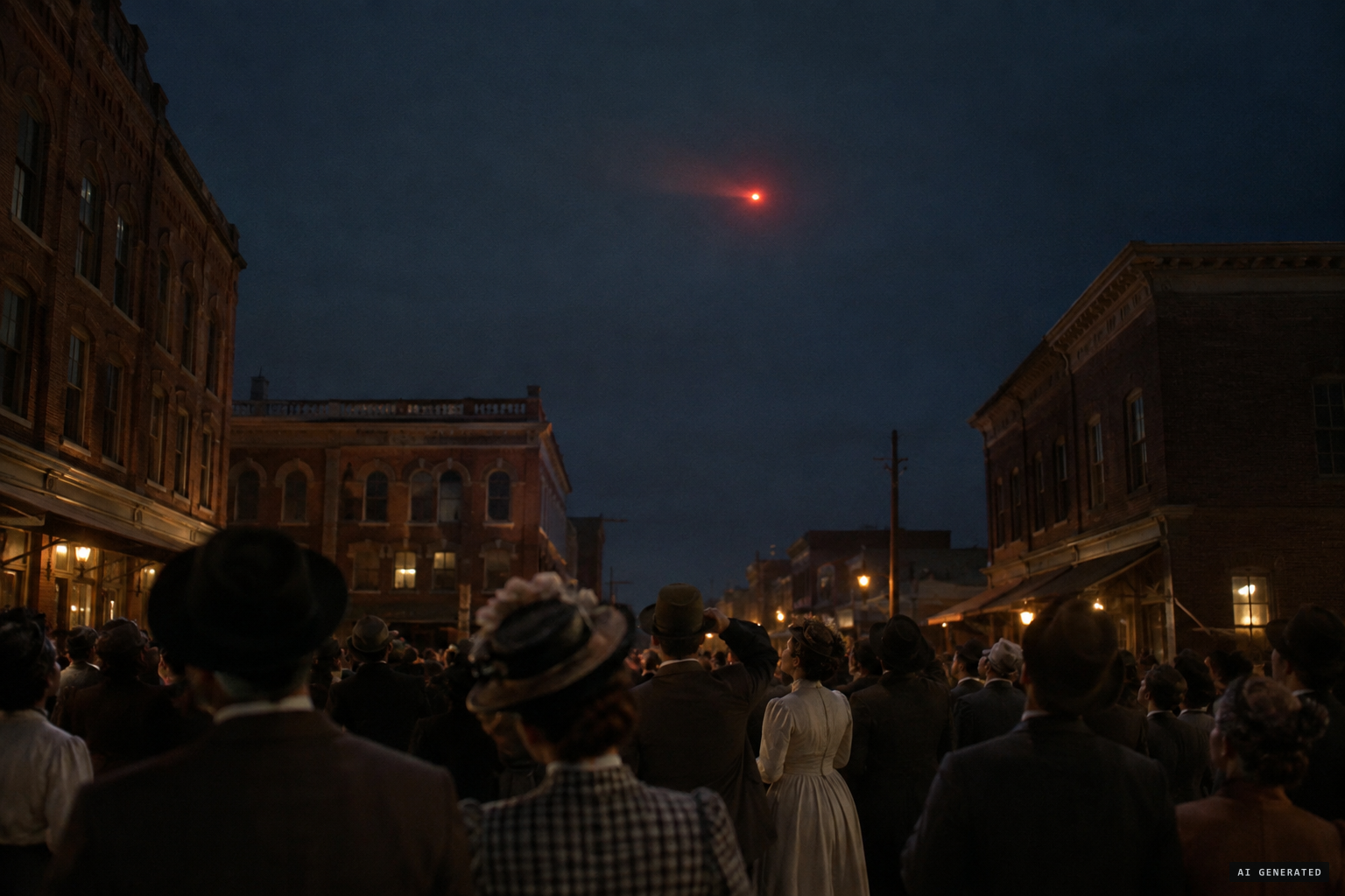 Hundreds in Topeka watch a blood-red light move slowly across the sky.