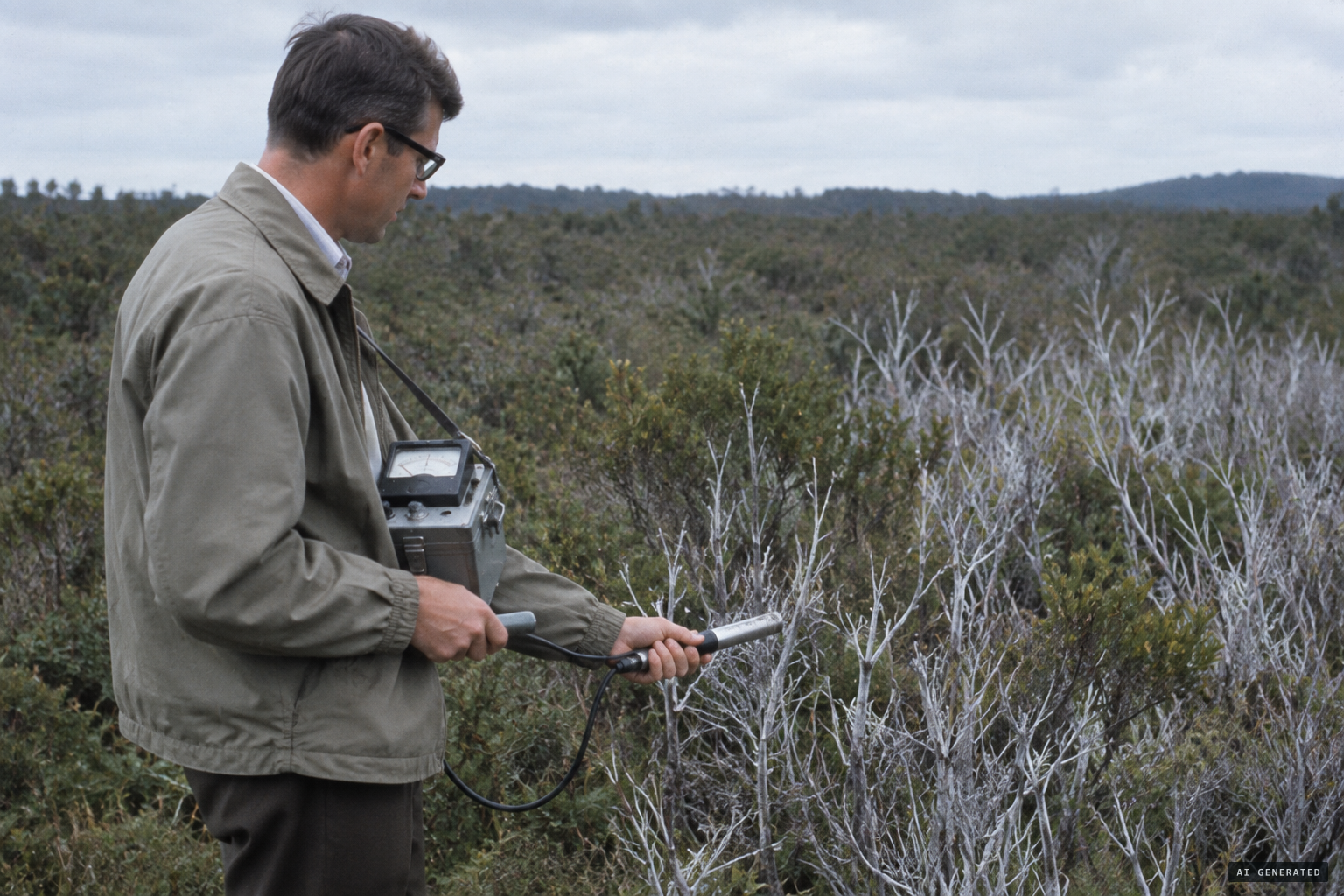John Stuart-Menzies tests the dead mānuka with a Geiger counter